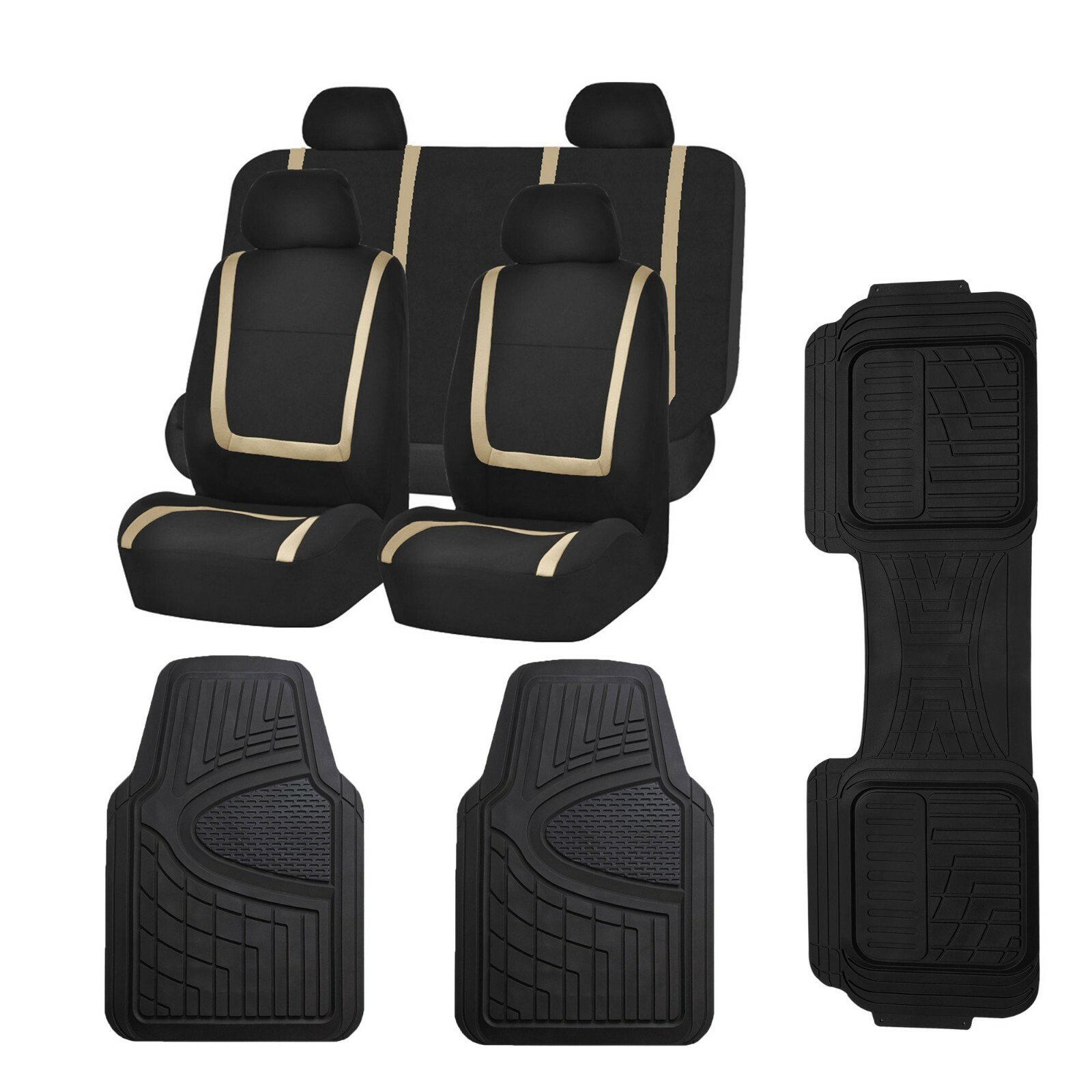 Car Seat Covers Unique Flat Cloth Full set w/ Heavy Duty Tall Black Floor Mats