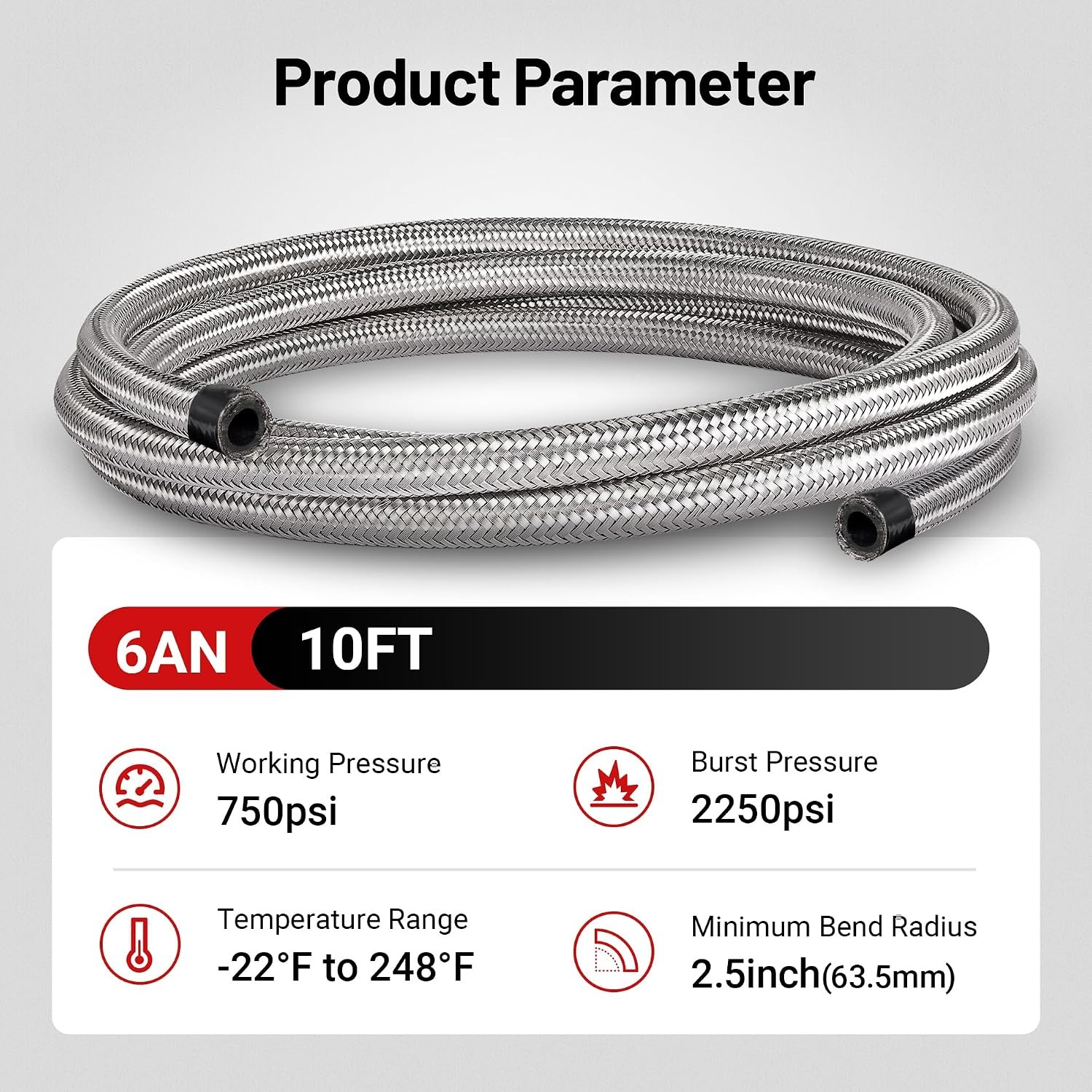 6AN Fuel Line 10FT Braided Nylon CPE Rubber Stainless Steel Fuel Hose Silver