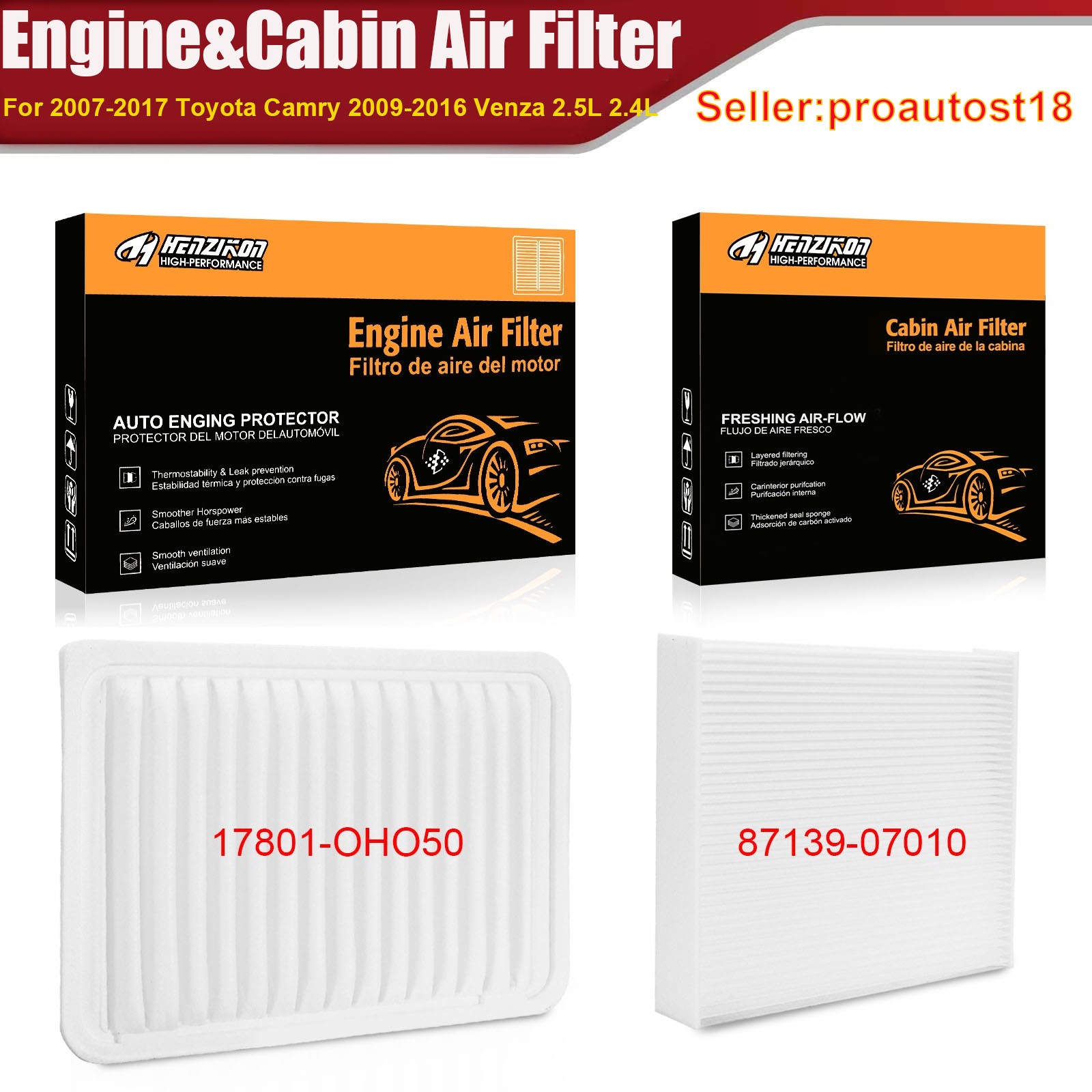 Combo Cabin & Engine Air Filter 17801-0H050 For 2007-2017 Toyota Camry 2.5L 2.4L