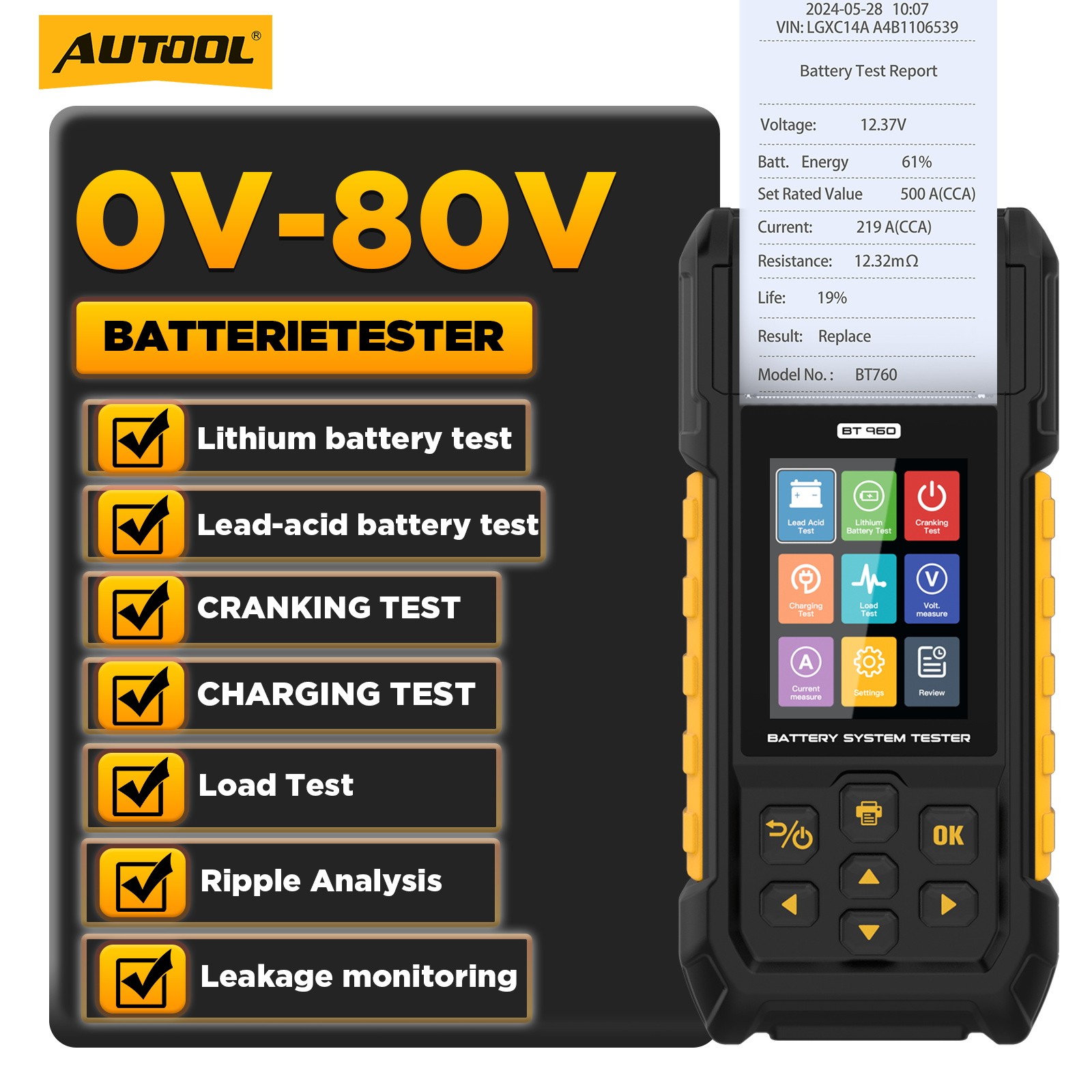 Car Battery Tester Lithium Battery Tester Load Test Cranking Charging Analyzer