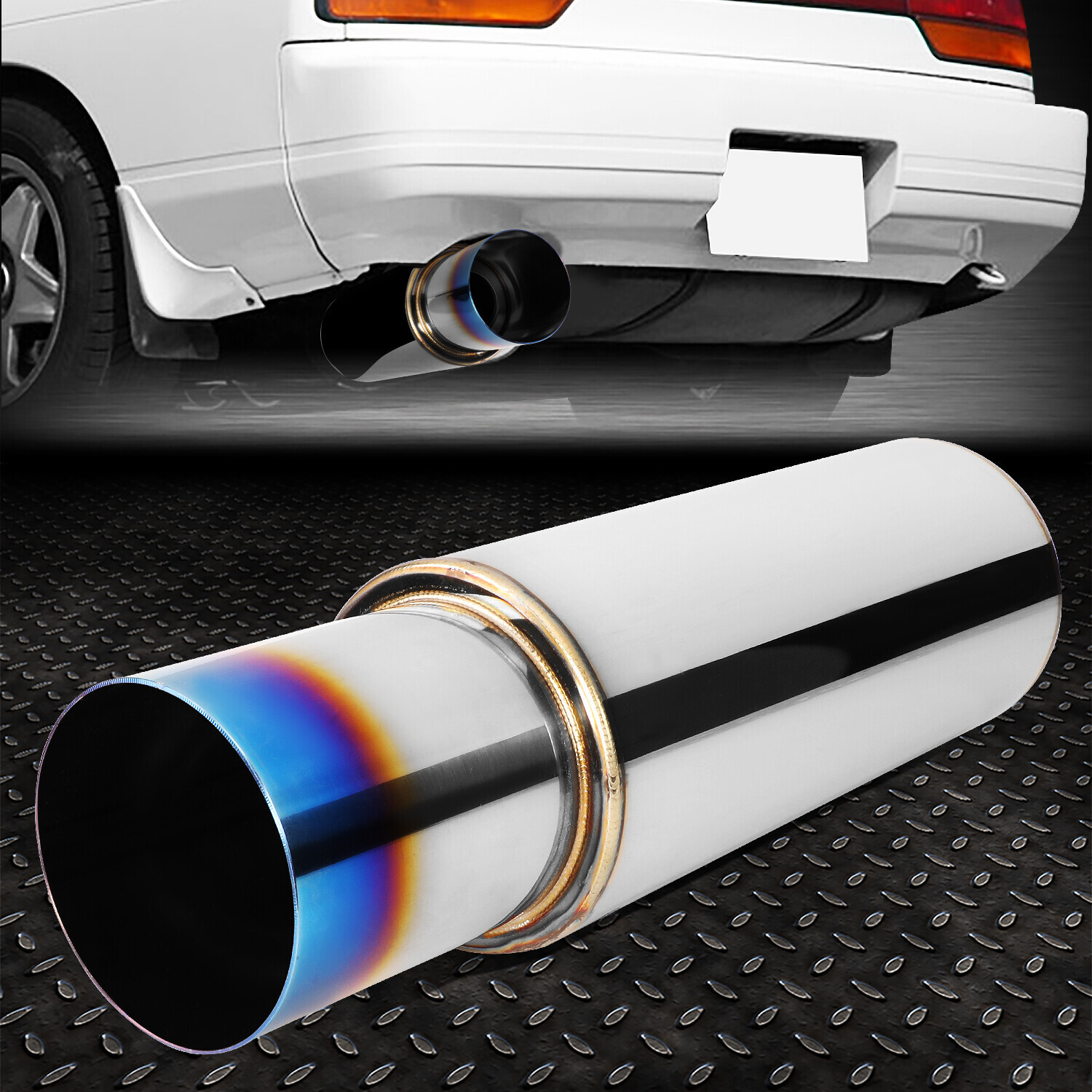 2.5″ INLET STAINLESS STEEL STRAIGHT-THROUGH EXHAUST MUFFLER 4″ OD BURNT TIP