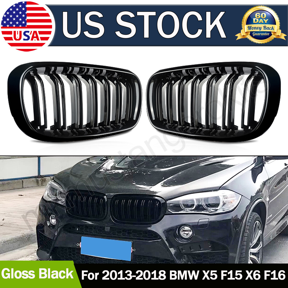 Gloss Black Dual Line Front Kidney Grill Grille For 2014-2018 BMW X5 F15 X6 F16