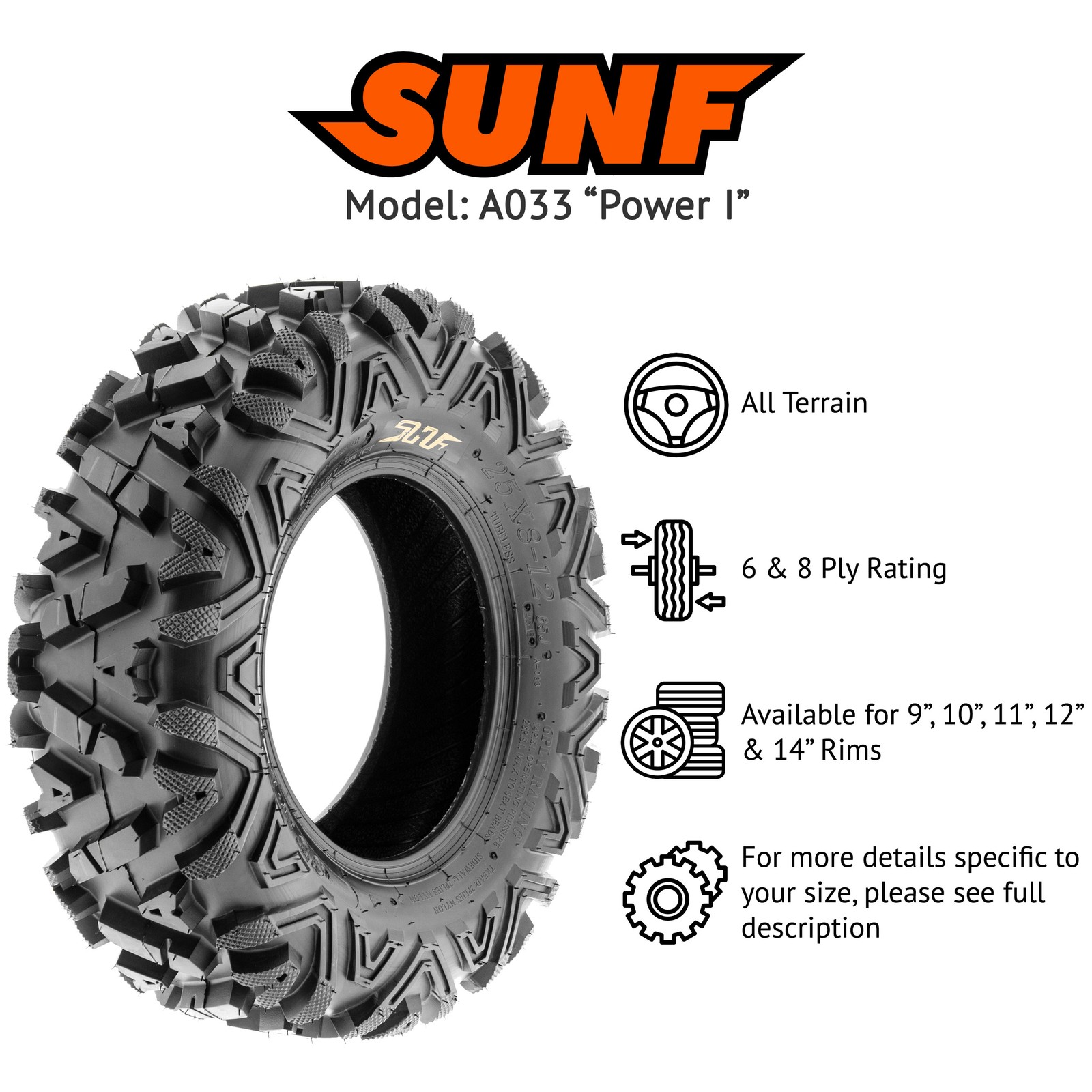 Pair of 2, 26×8-12 26x8x12 ATV UTV SxS All Terrain 6 Ply Tires A033 by SunF