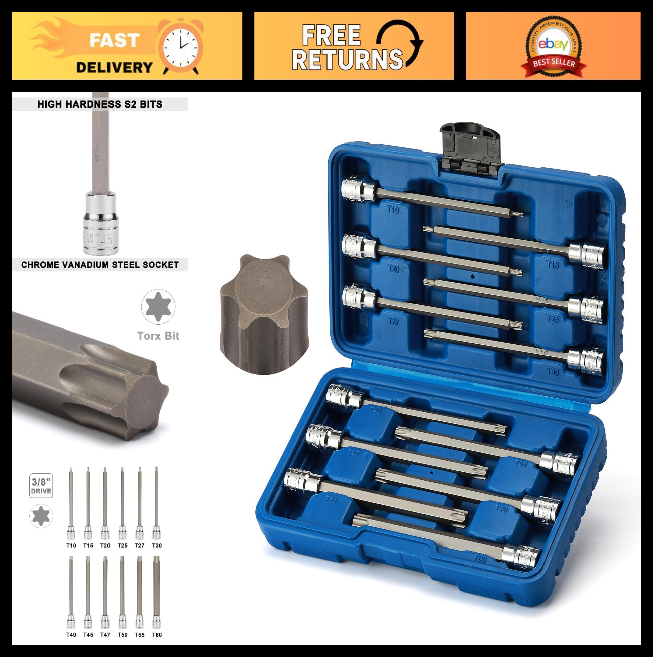 12PCS Extra Long Torx Bit Socket Set T10-T60, 3/8″ Drive, Deep CR-V S2 Steel