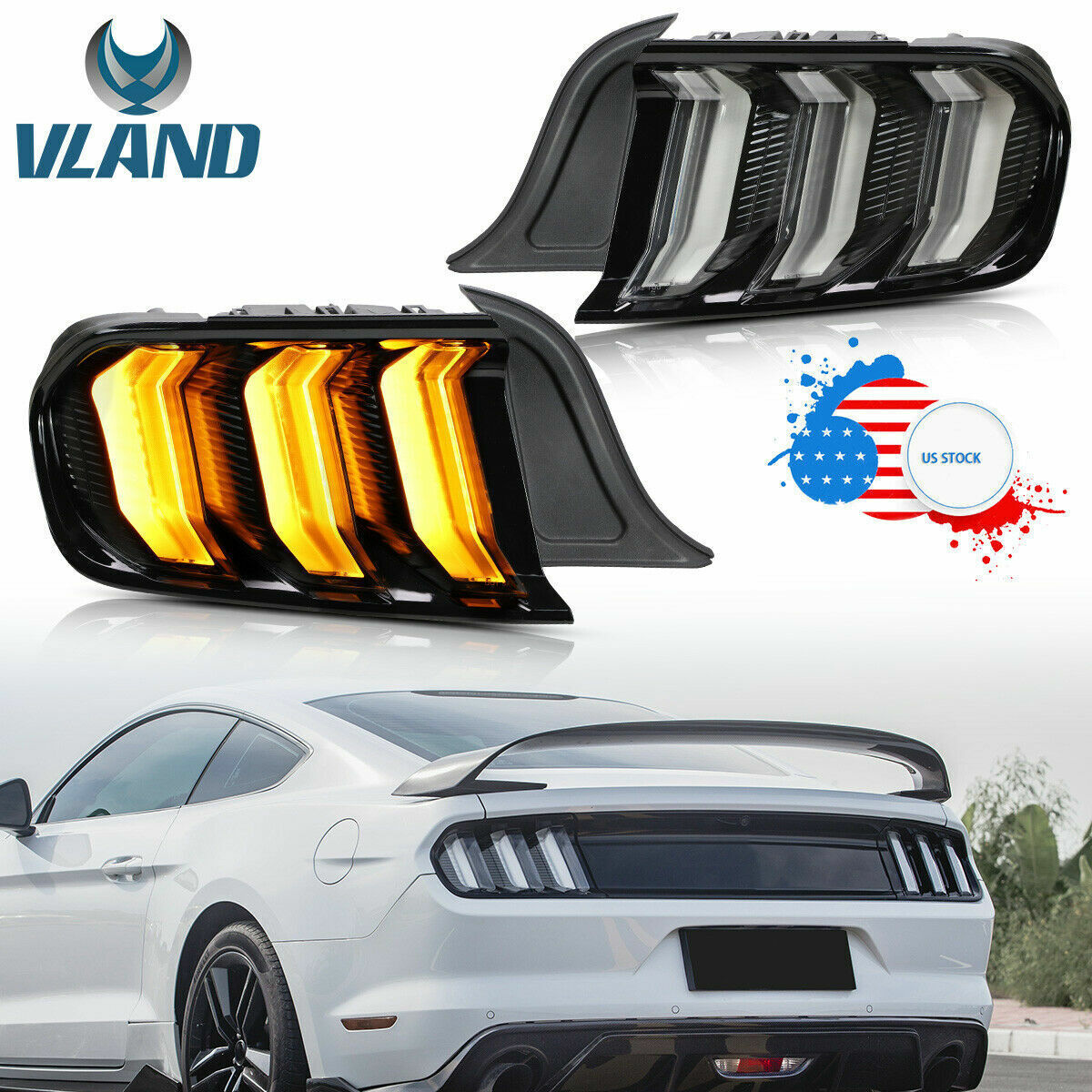 VLAND LED Clear Tail Lights Sequential Fit 2015-2023 Ford Mustang W/5 Modes Pair