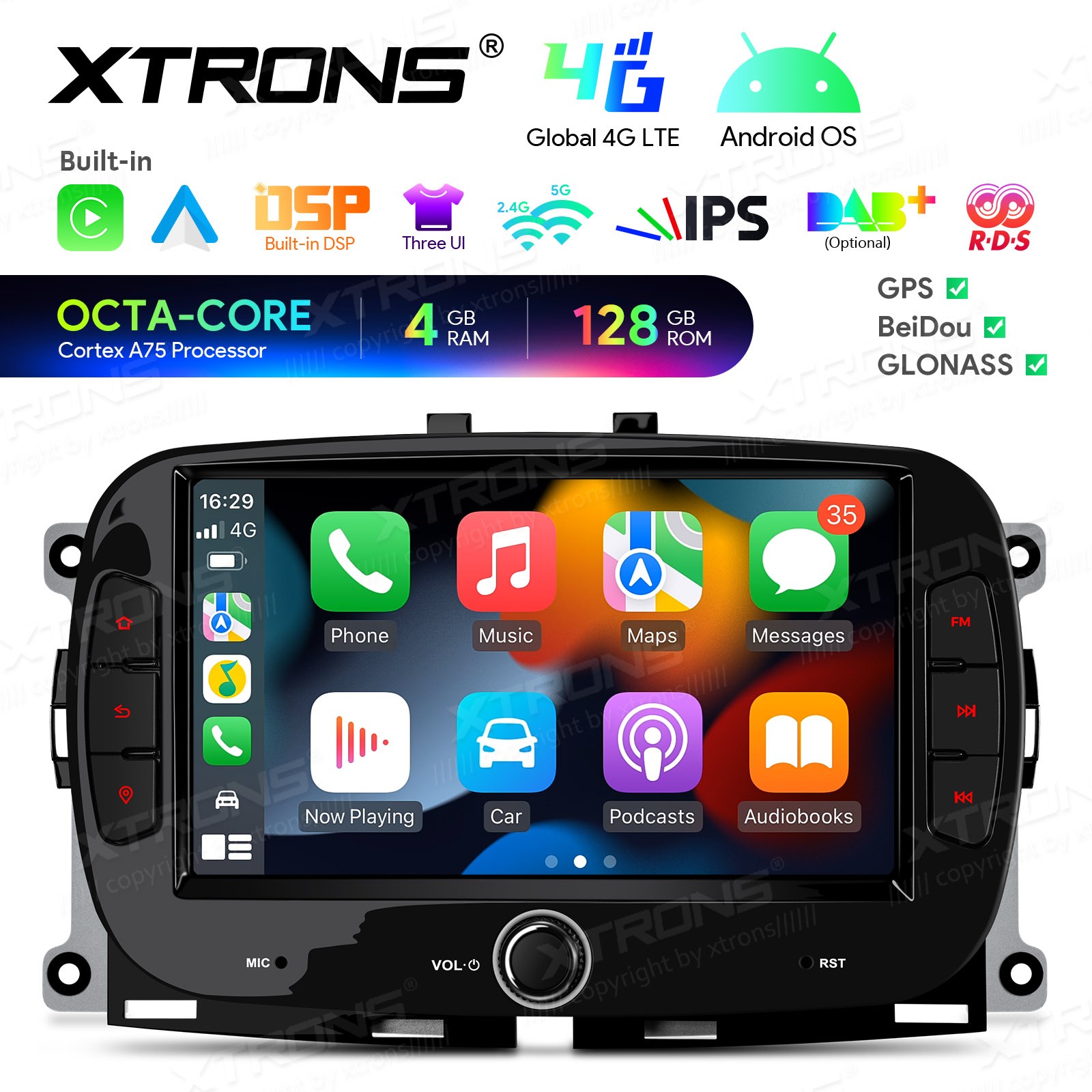 7″ IPS Android 14 4G LTE 128G Octa Core Head Unit for Fiat 500 Abarth 2016-2019