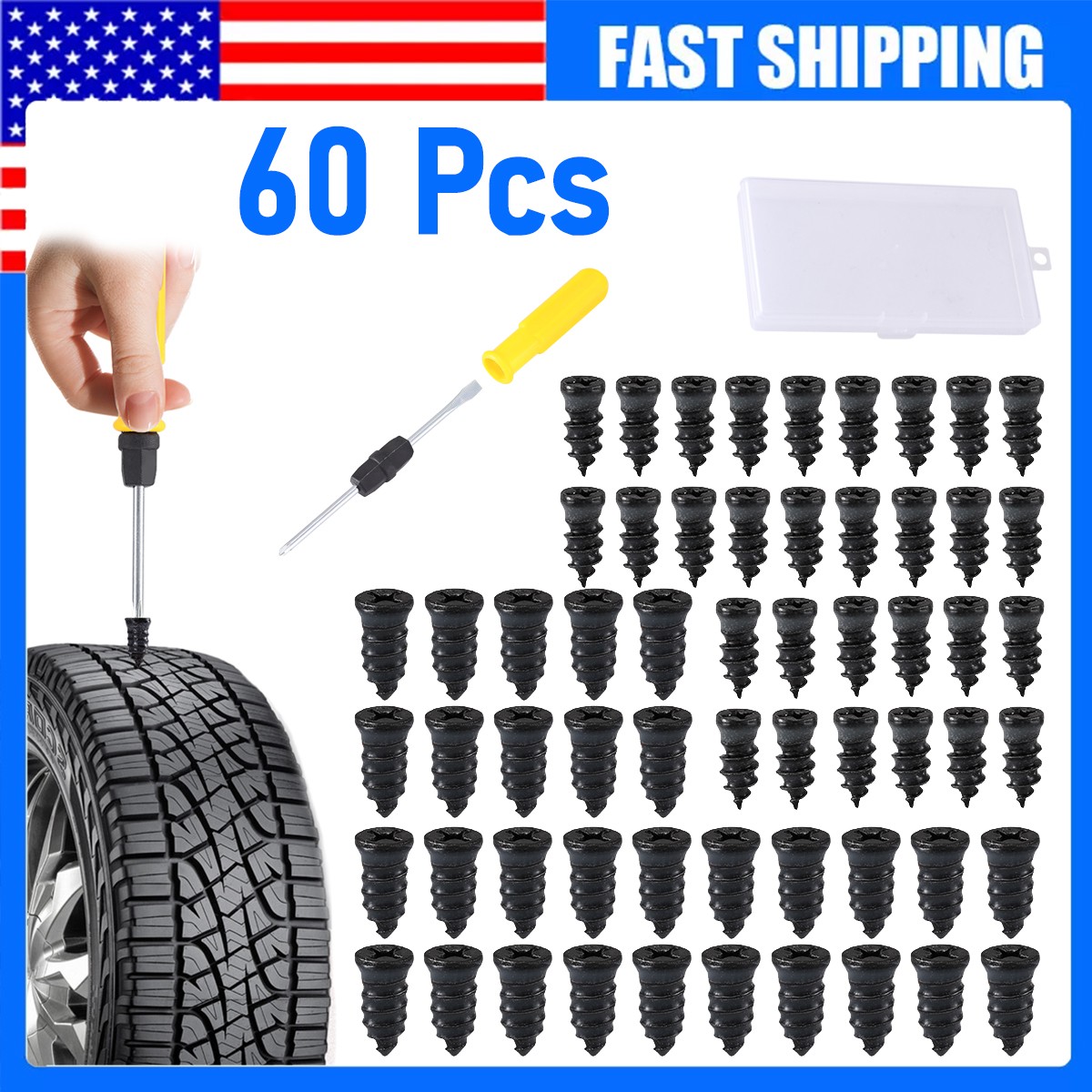 60PCS Car Vacuum Tire Repair Nail Rubber Screw Nails+ Screwdriver Tool Set w/Box