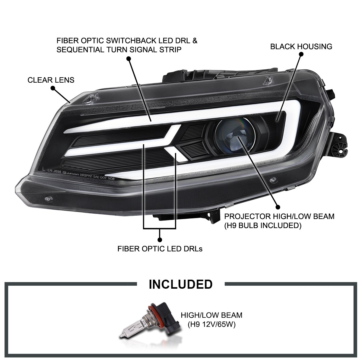 Fits Black 2016-2018 Chevy Camaro LED Sequential Signal Projector Headlights DRL