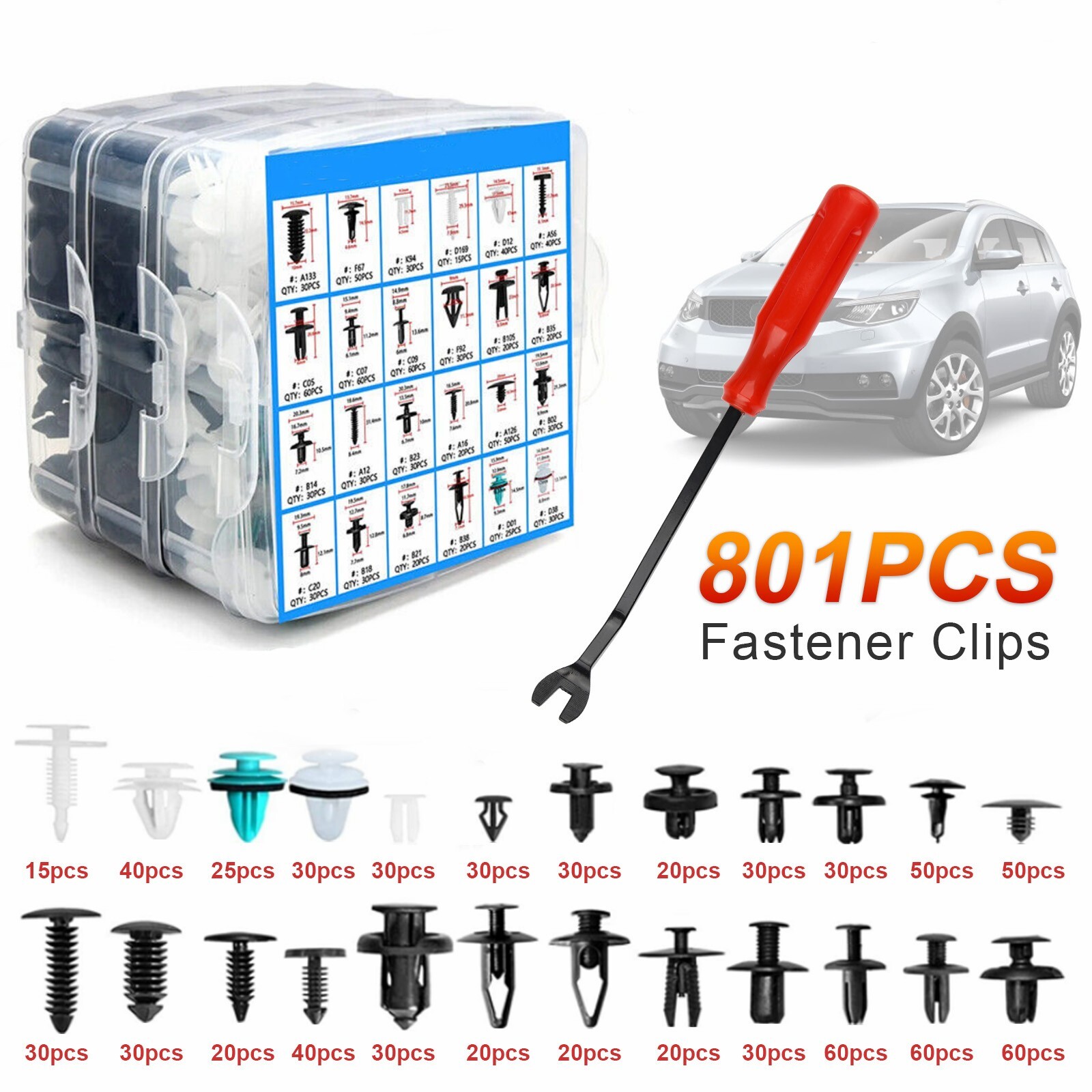 Car Retainer Clips Auto Fasteners Push Trim Clips Pin Rivet Bumper 801P Box Set