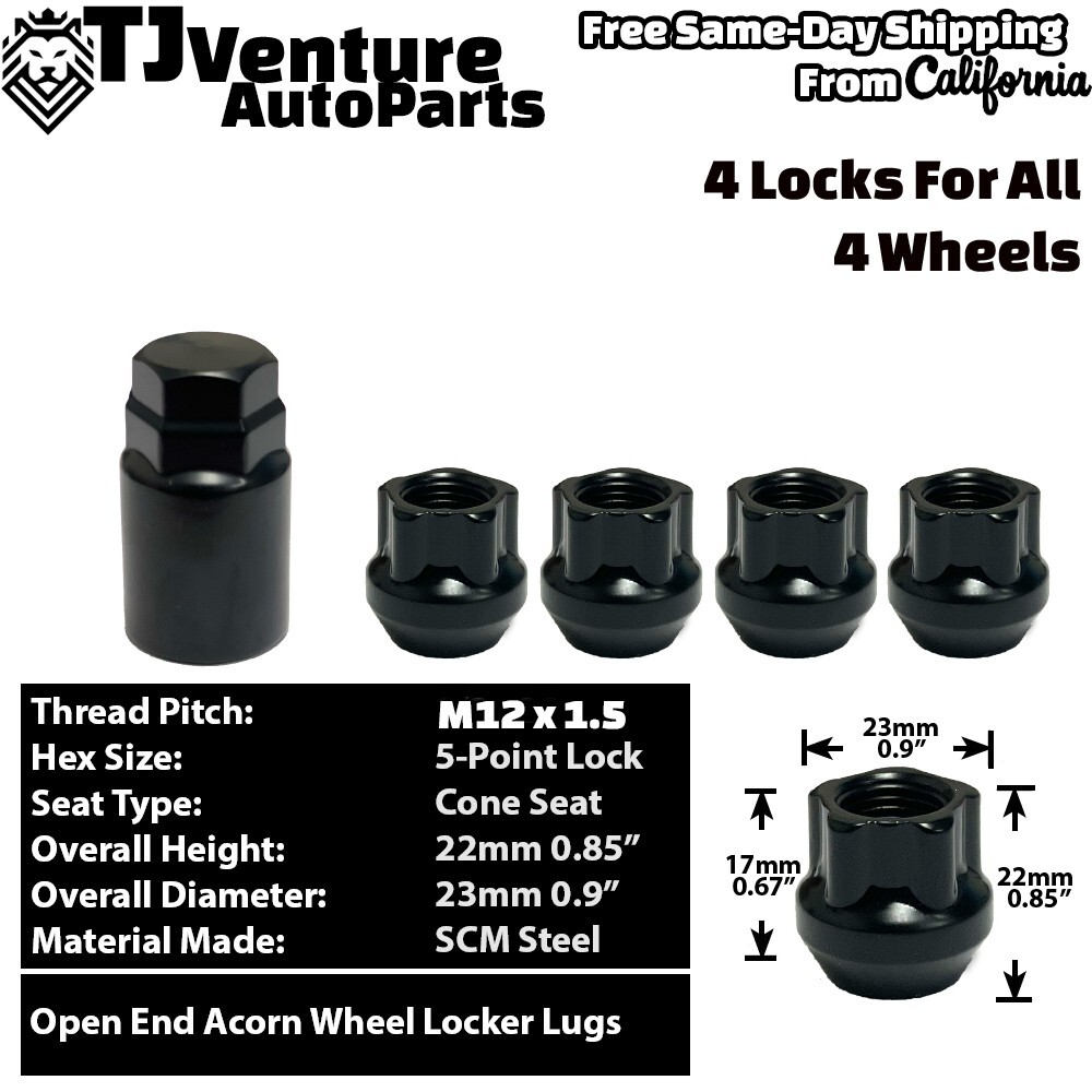 4Pc Black M12x1.5 Anti-Theft Wheel Lock Open End Lug Toyota Tacoma 4Runner&More