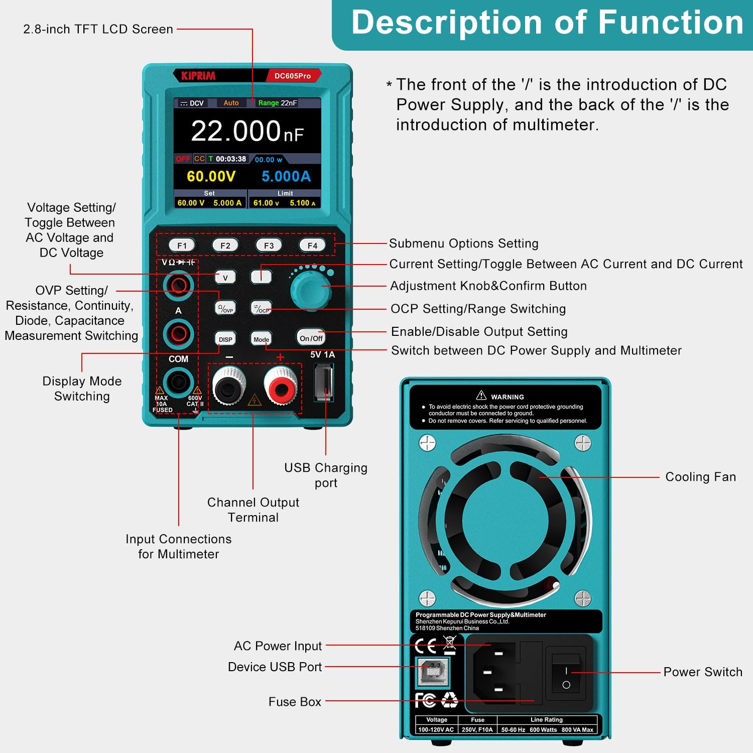Kiprim 2-in-1 Programmable Power Supply and Multimeter (0-60 V 60V 5A, Blue