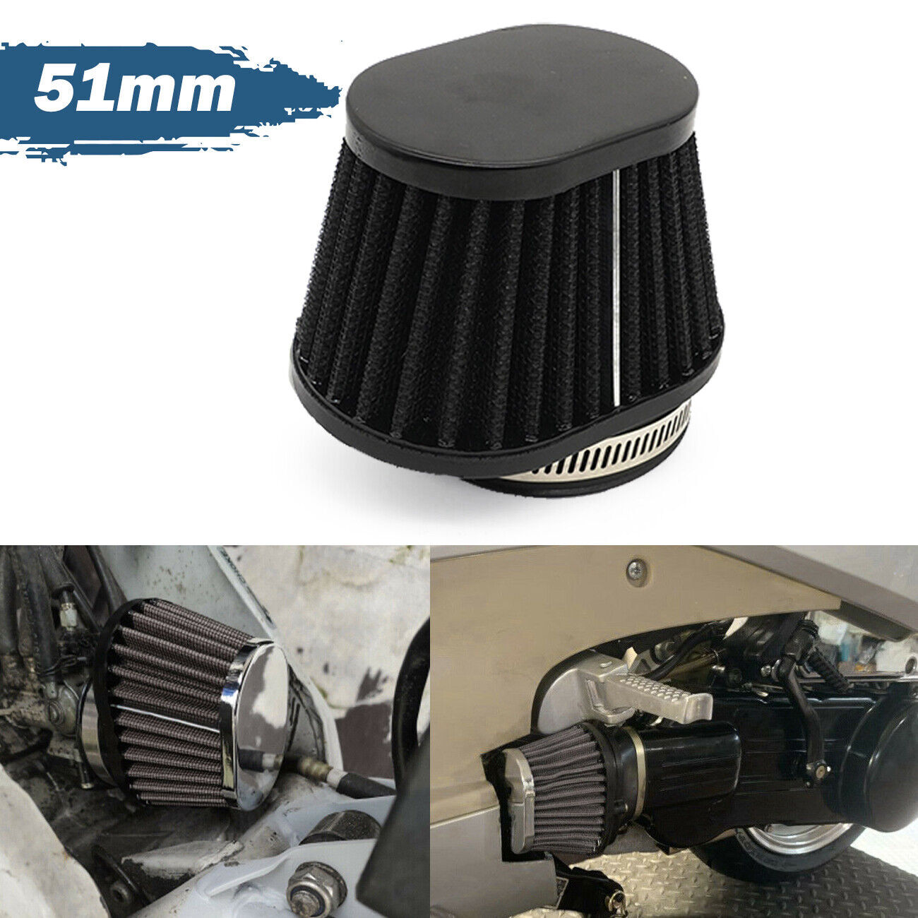 Washable Motorcycle 2 inch 51mm Air Intake High Flow Cone Air Filter Kit Black