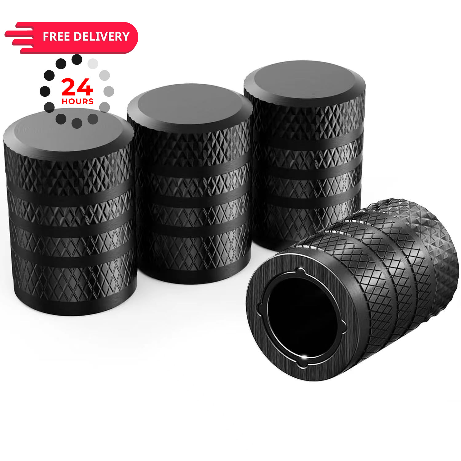 4-Piece Black Anodized Aluminum-Plastic Composite Tire Valve Stem Caps