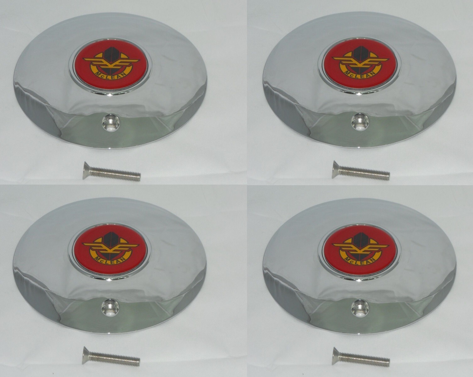 SET OF 4 – RARE McLEAN 98-1262 WHEEL RIM CHROME CENTER CAP 7-3/8″ SCREW ON