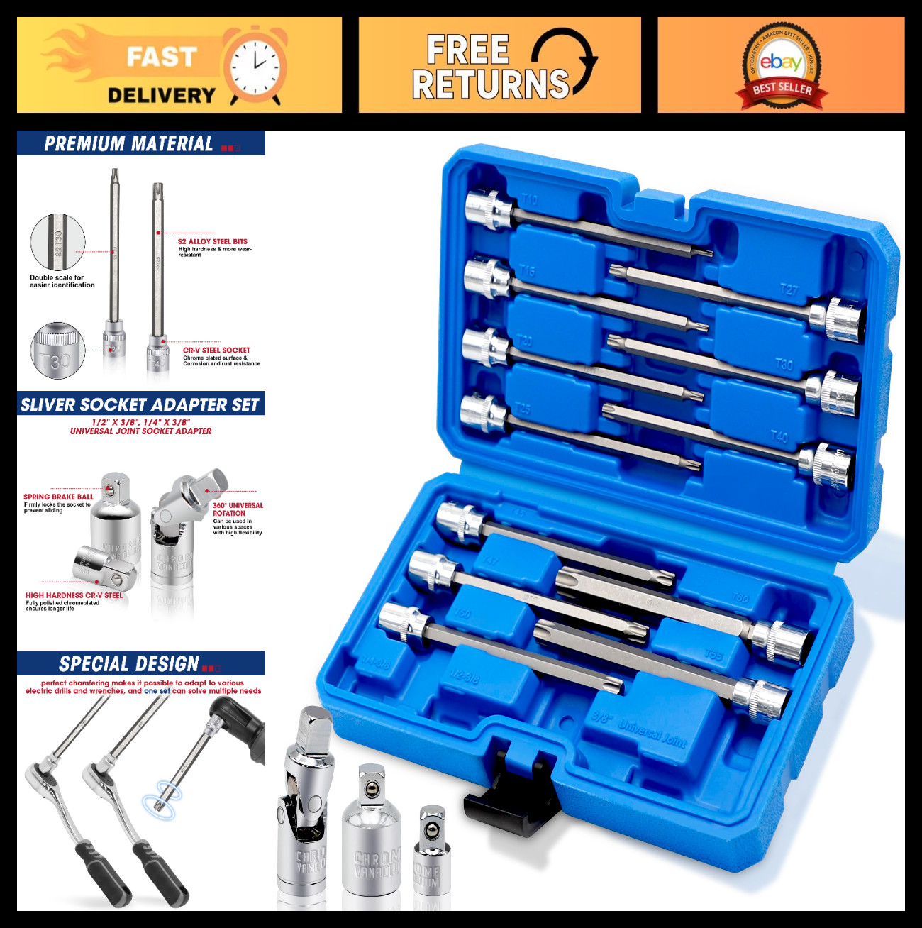 15-Piece Extra Long Torx Bit Socket Set T10-T60 | 3/8″ Drive Star Bit Sockets CR