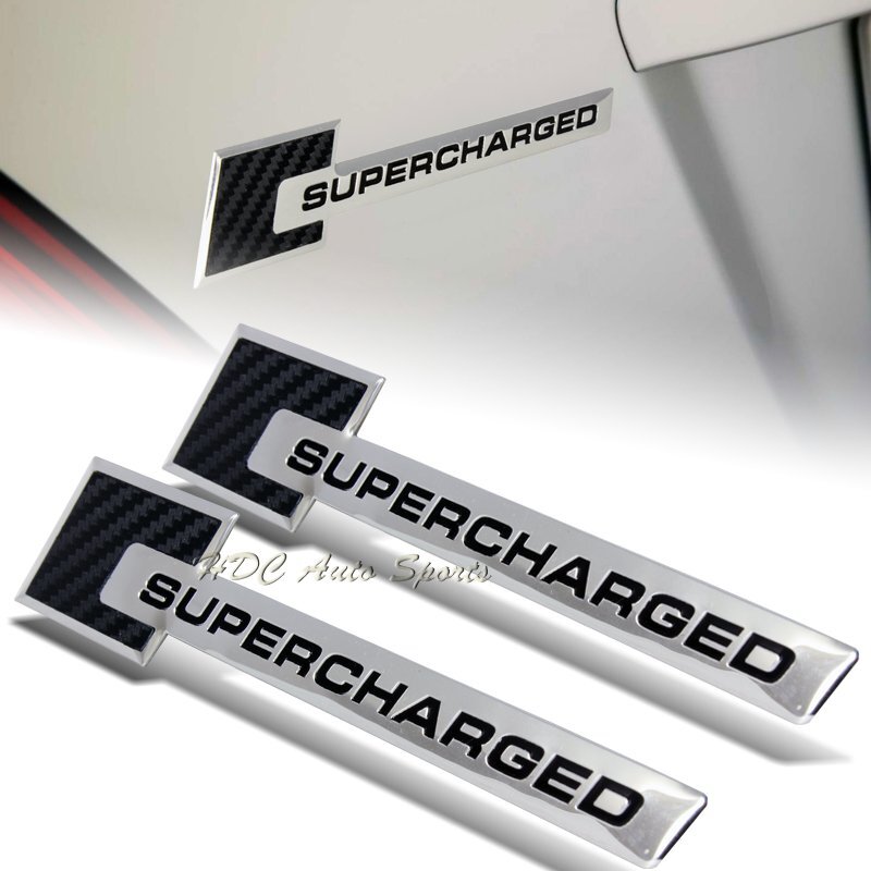 2 x Carbon Fiber / Silver Black Supercharged Aluminum Sticker Decal Emblem Badge