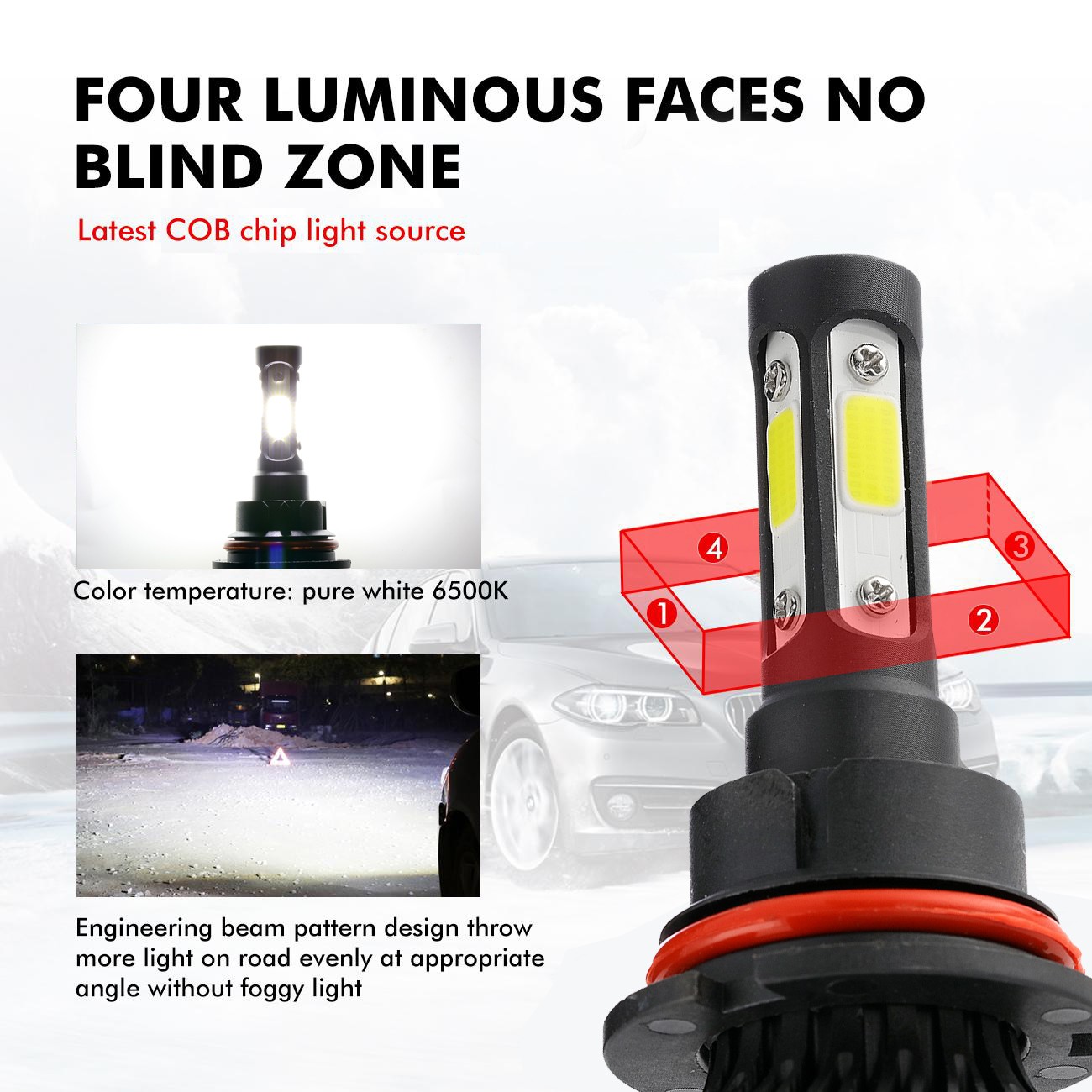 4-sides 9007 HB5 LED Headlight Bulbs Kit 2500000LM 6500K White High Low Beam 2X