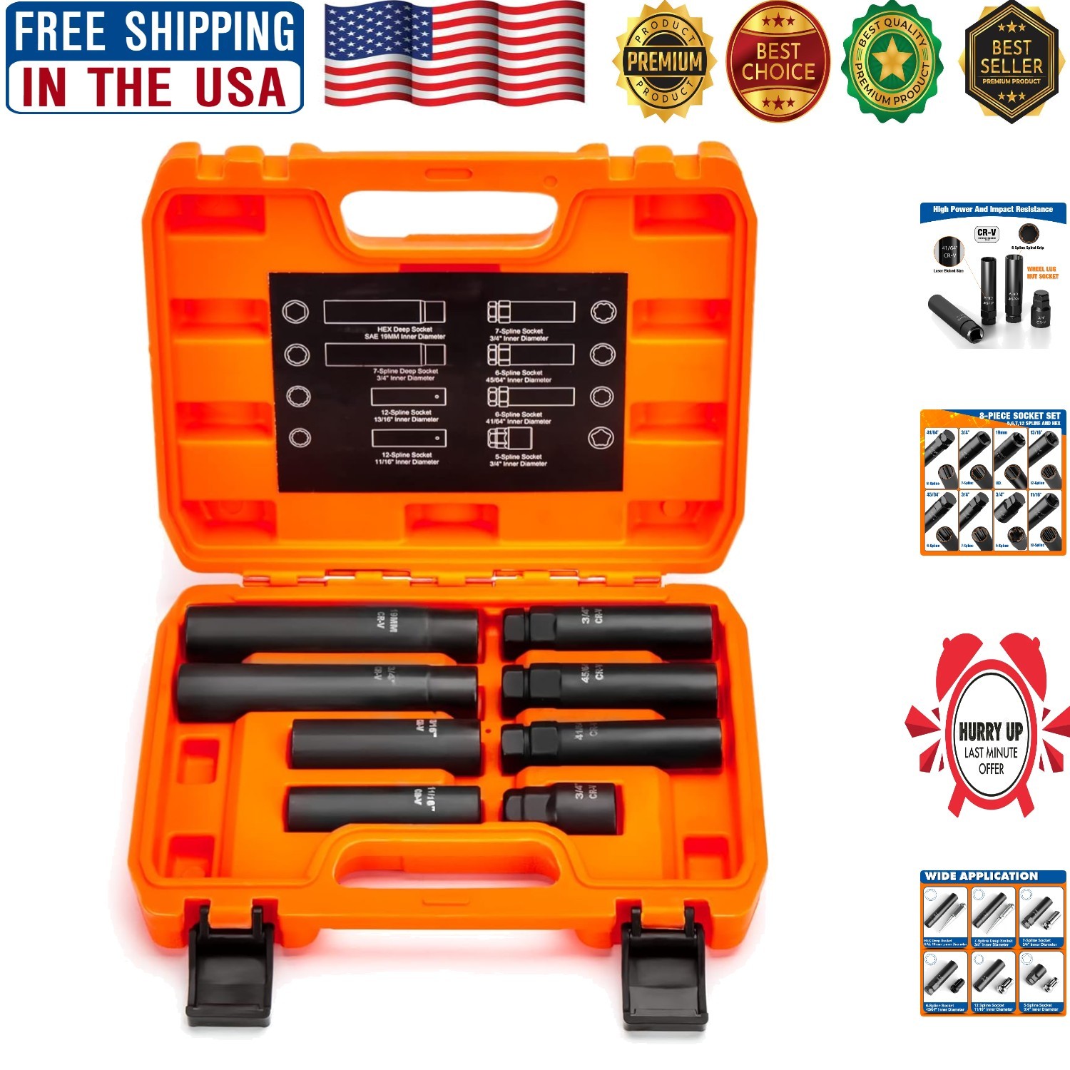 Durable 8-Piece Spline Socket Set for Aftermarket Rims – Rust-Resistant Design