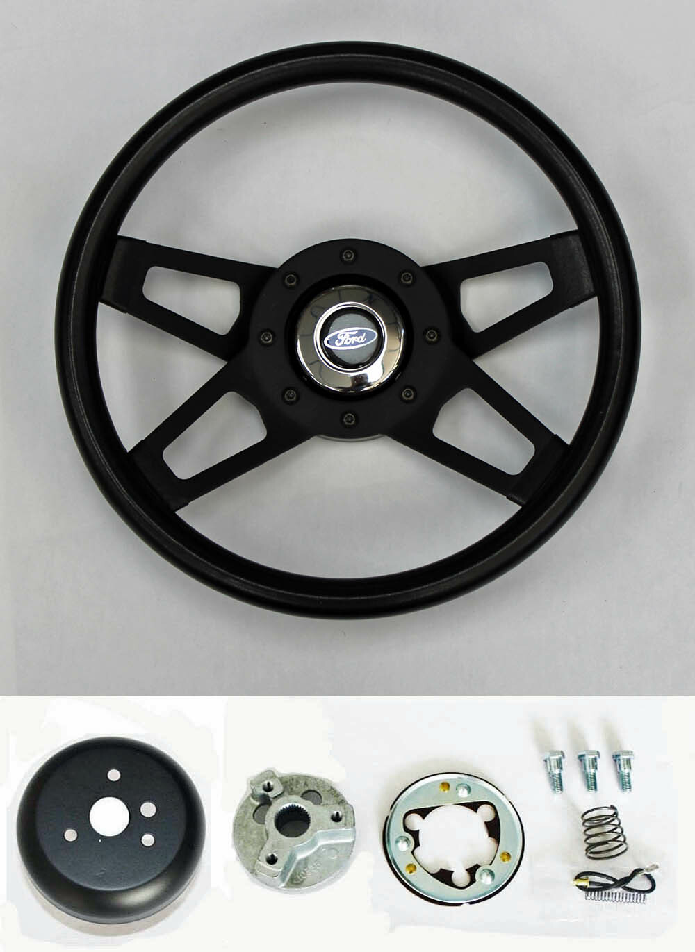 1967-1974 Bronco 13 1/2″ black on black 4 spoke steering wheel Ford Cap