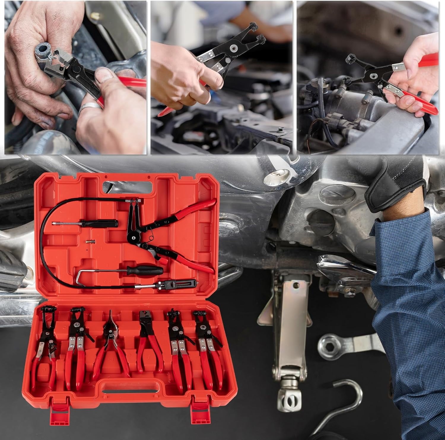 10Pc Hose Clamp Clip Remover Pliers Wire Long Reach Kit Fuel Oil Water Hose Tool