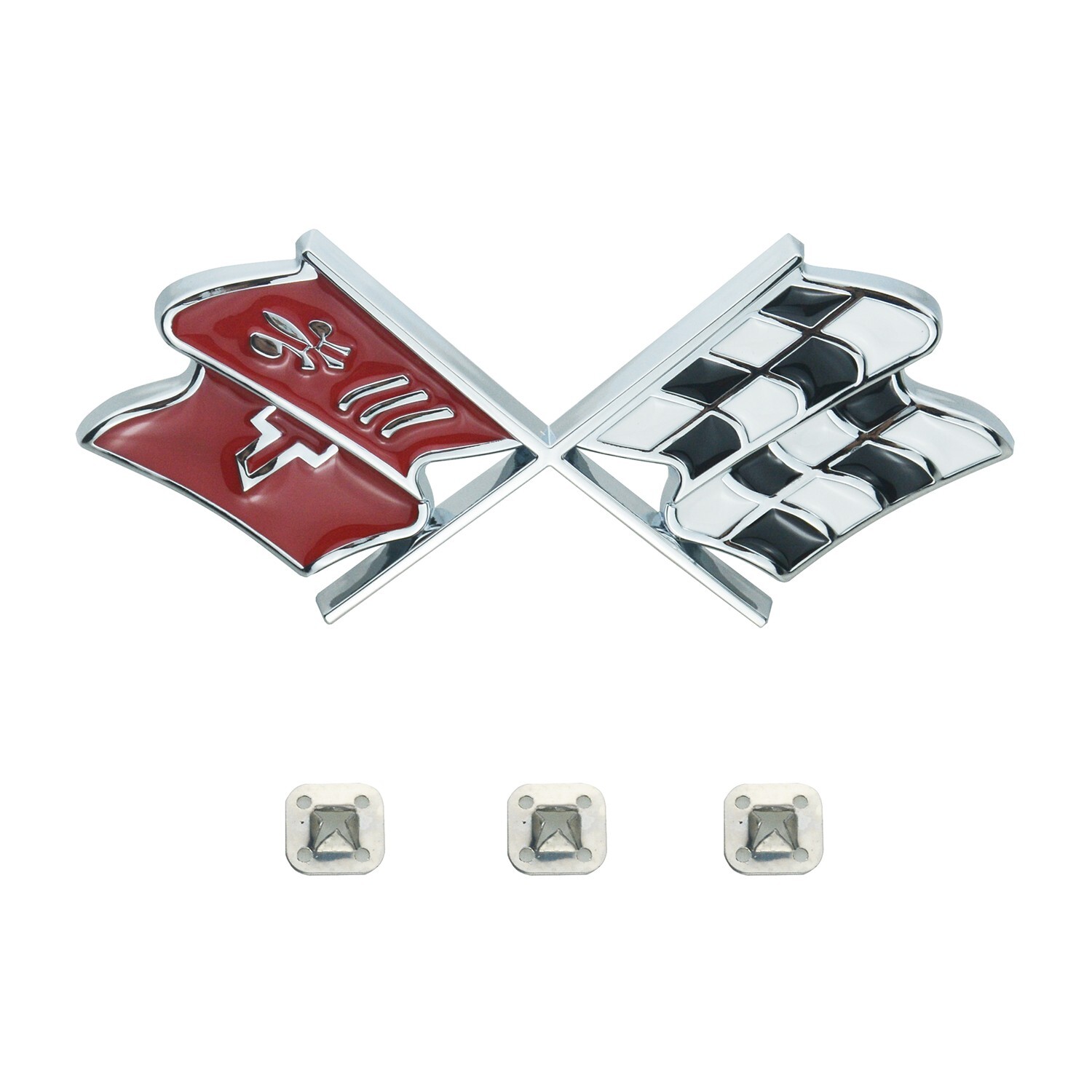 1x Chrome Red Front Nose Hood Cross Crossed Flags Emblems 1968-1972 Corvette C3