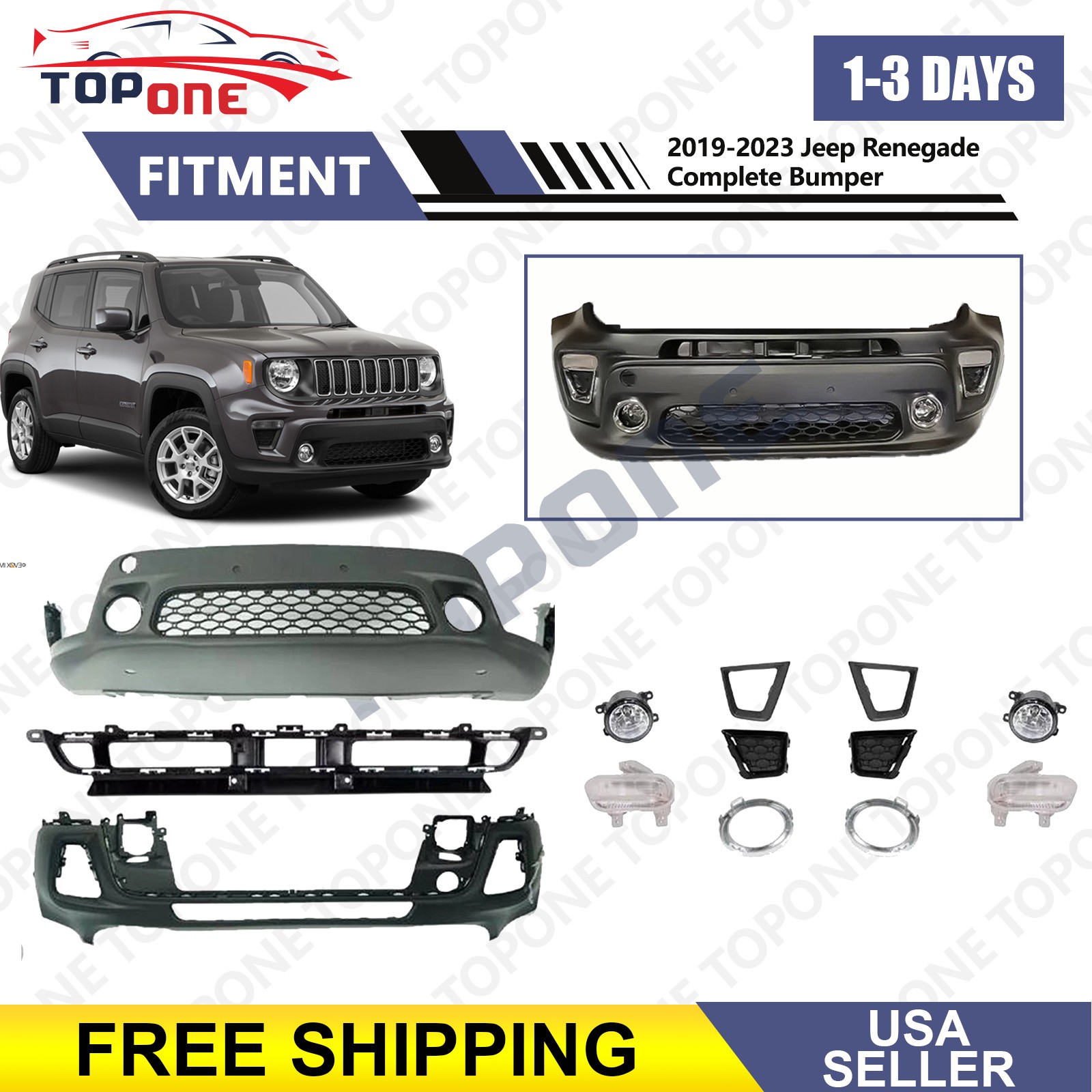 For 2019-2023 Jeep Renegade Complete Front Bumper Cover Kit W/Grille Fog Lights