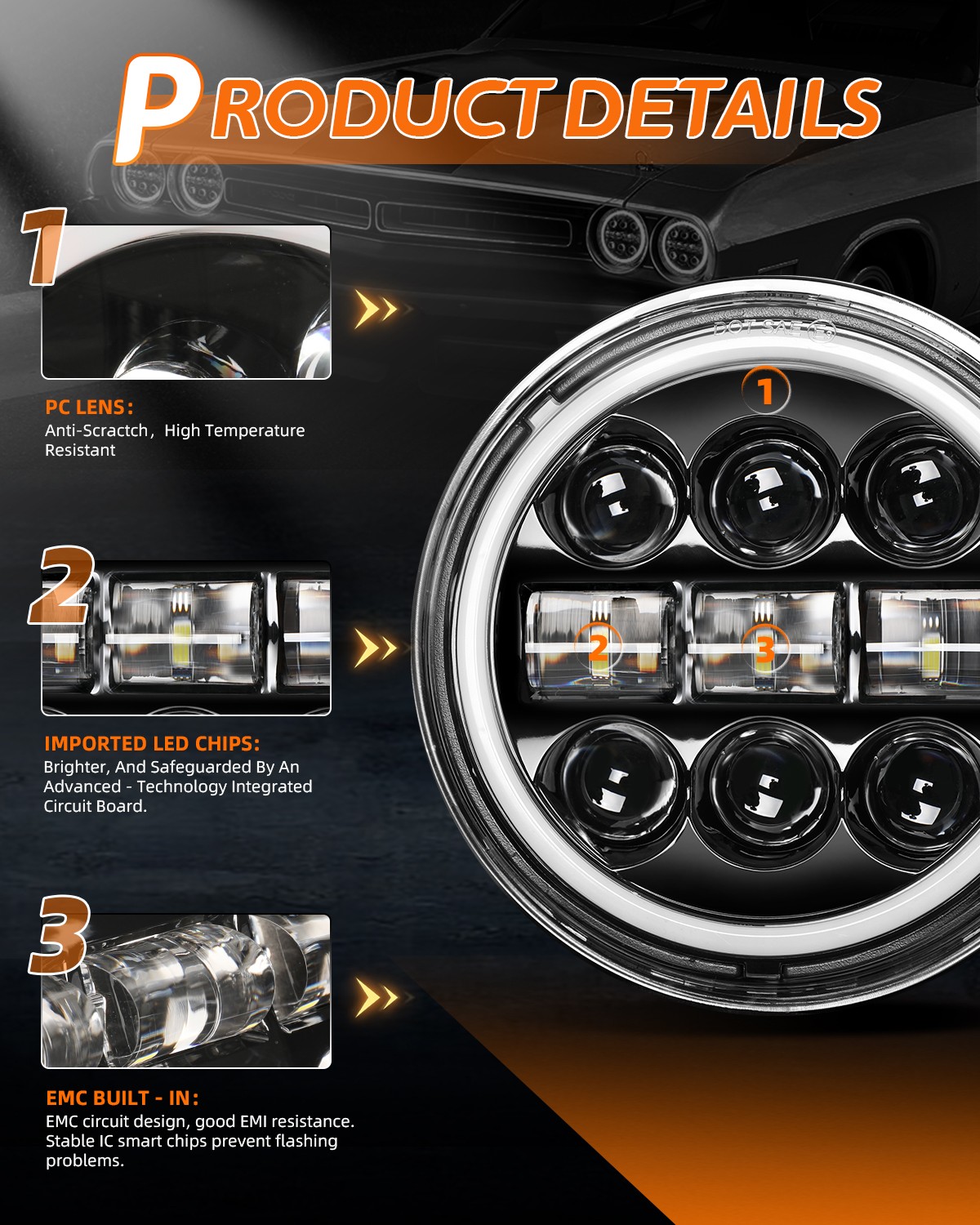 For Dodge Charger 1966-1974 Car 4PCS 5.75inch LED Headlights Halo H5001 H5009