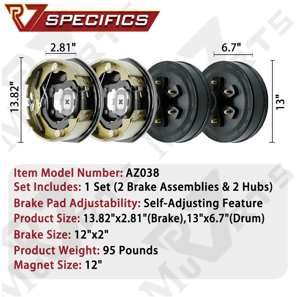 12″X2″ Electric Trailer Self-Adjusting Brake, 6 on 5.5″ Hub Drum Set 5.2-7k Axle