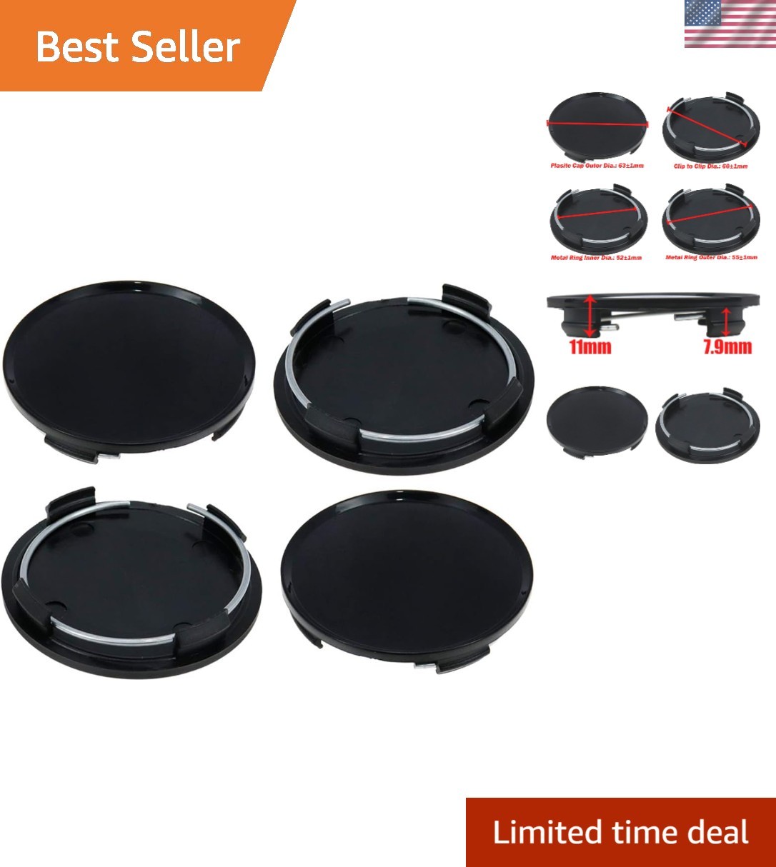 High-Quality 63mm Wheel Center Caps – Universal Fit, Set of 4 Black Covers