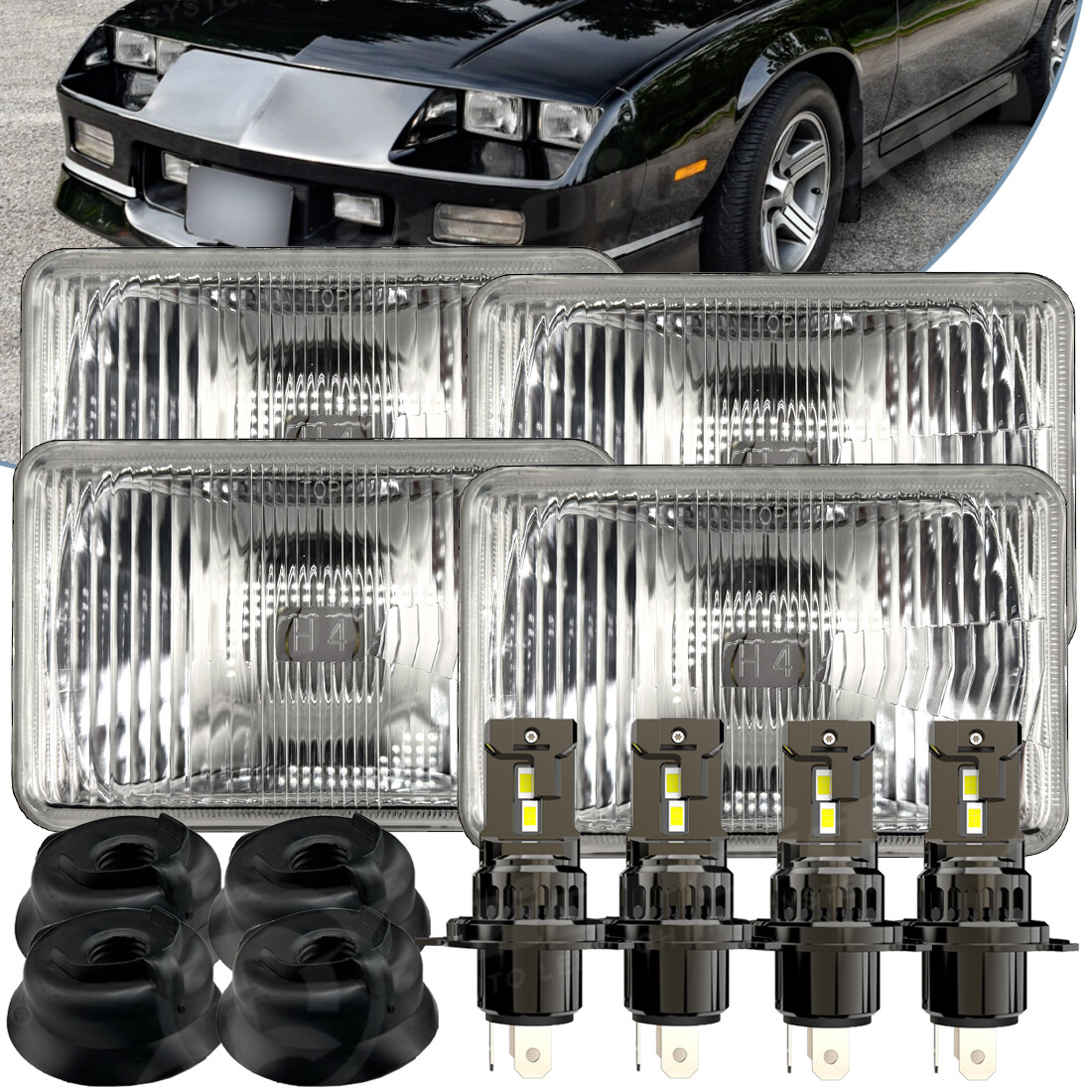 FOUR(x4) 4×6″ Glass Headlights Conversion Semi Sealed Kit & 6500K H4 LED Bulbs