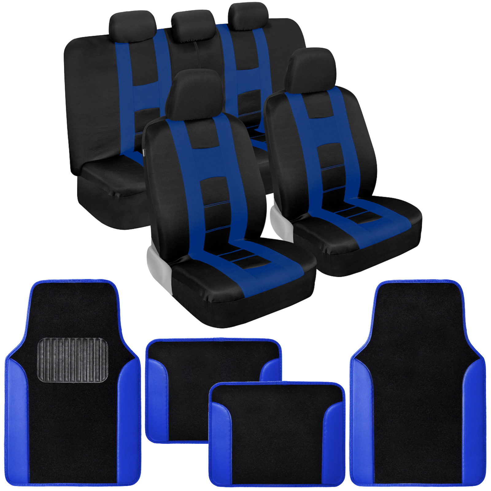BDK Full Set of Front & Rear Car Seat Covers, Carpet Floor Mats, Blue with Black