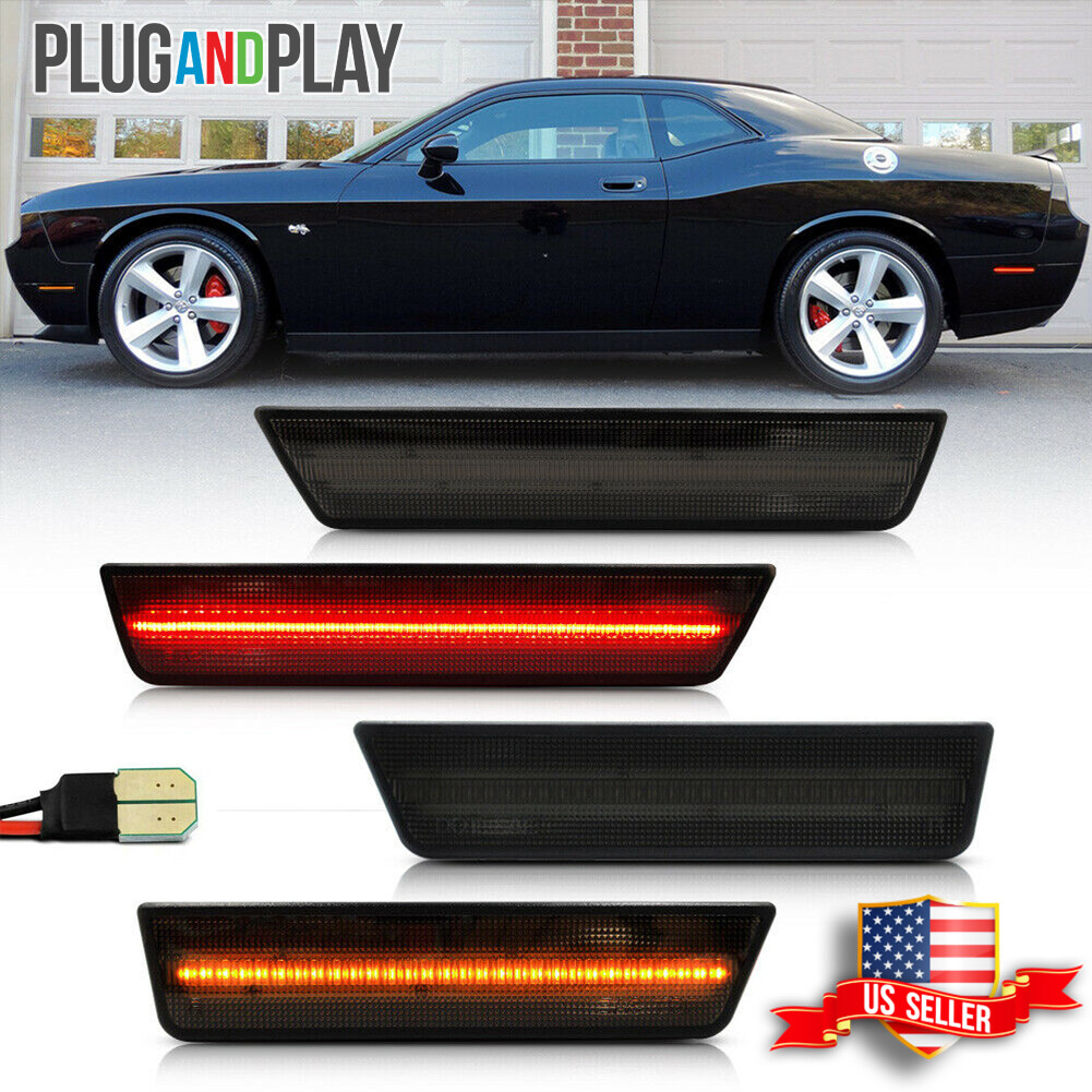 Smoked Front Amber Rear Red LEDs Side Marker Lights For 2008-14 Dodge Challenger