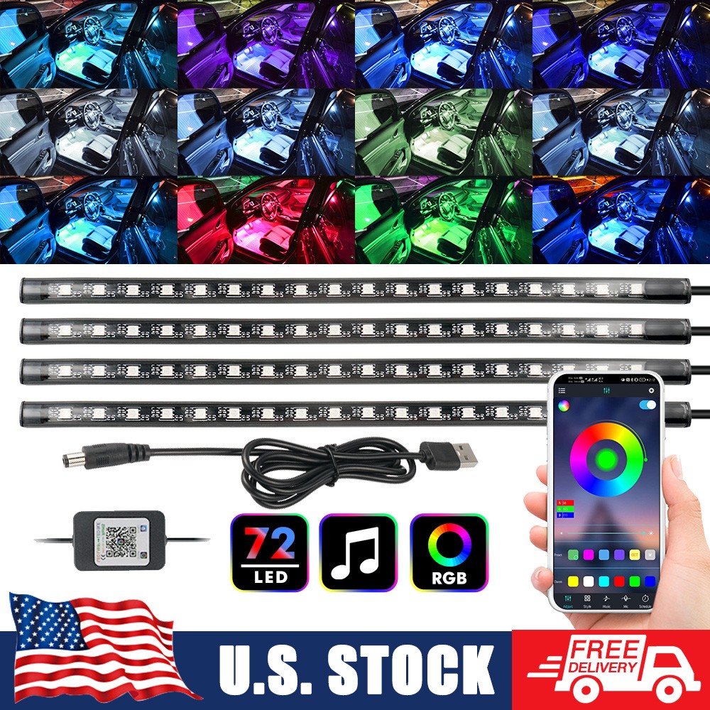4x RGB 72 LED Car Interior Floor Light Strips USB with Bluetooth APP Control