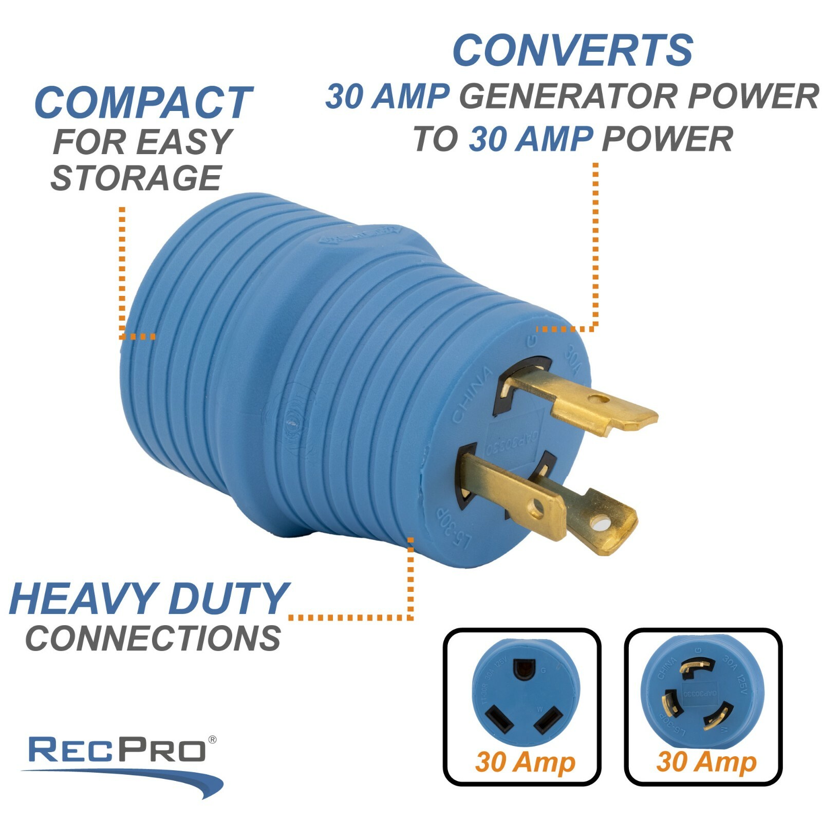 RV 30 Amp Generator Plug Adapter 3 Prong L5-30 to TT-30 125V