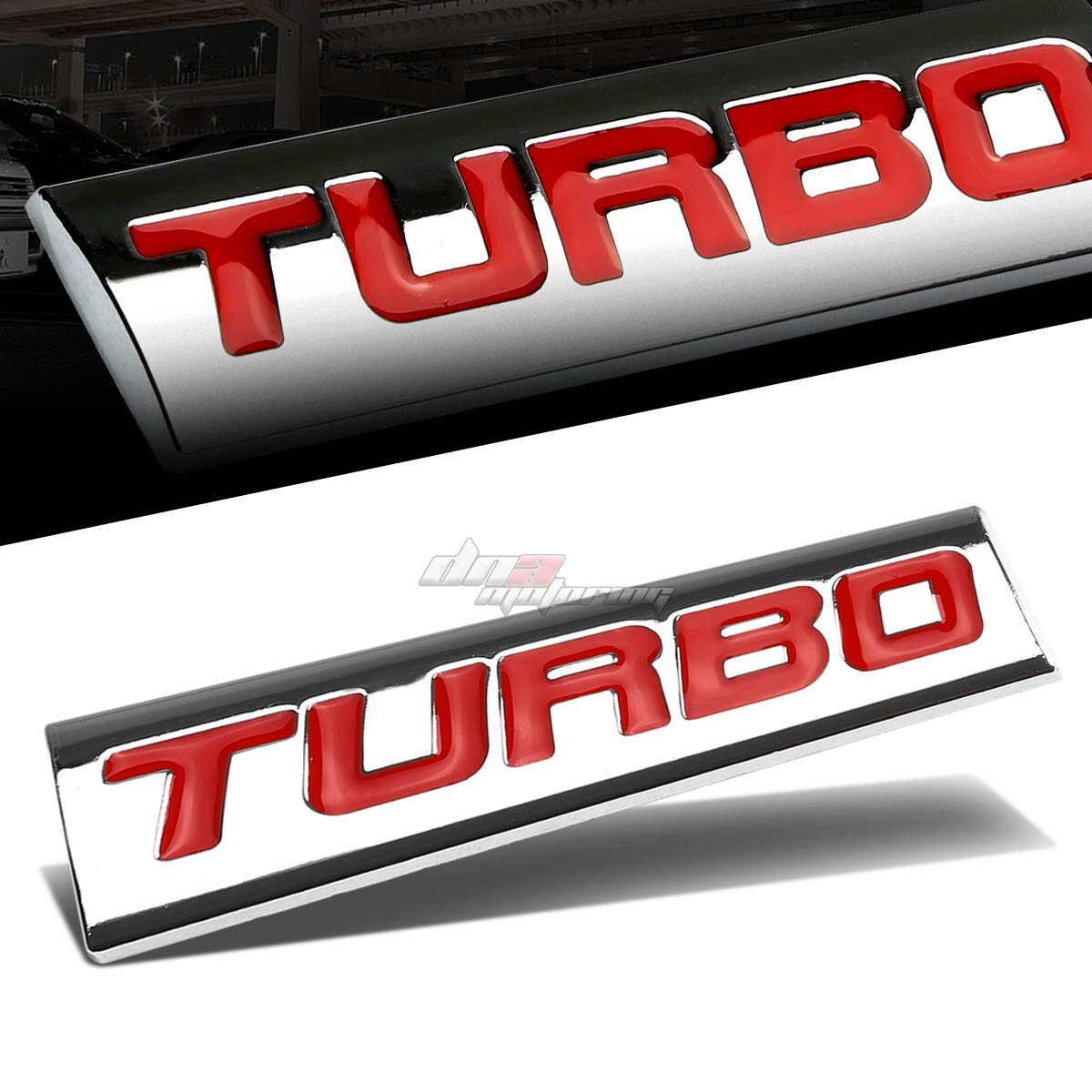 ALUMINUM STICK ON POLISH CHROME RED TEXT TURBO DECAL EMBLEM TRIM BADGE LOGO