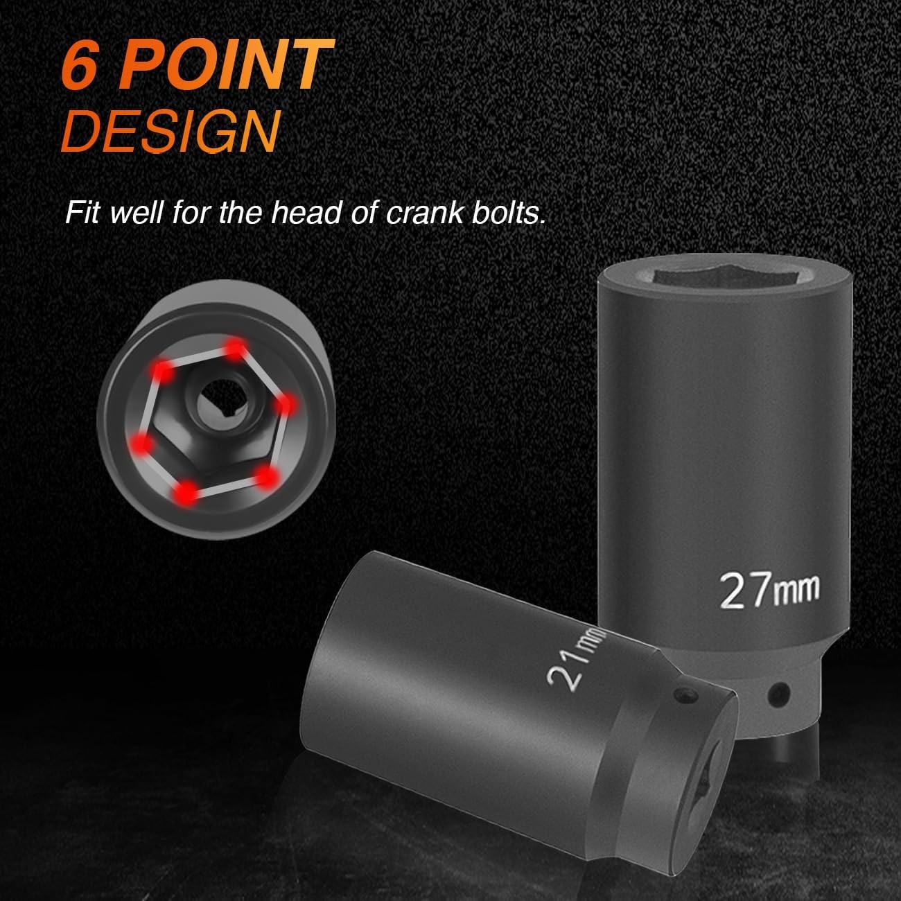 6 Pack 1/2” Drive Crank Bolt Socket Set – 17MM, 19MM, 21MM, 22MM, One Size