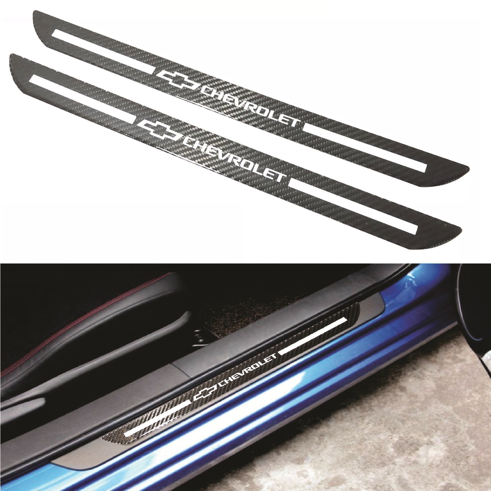 2x Chevrolet Blk Carbon Fiber Car Door Welcome Plate Sill Scuff Cover Protector