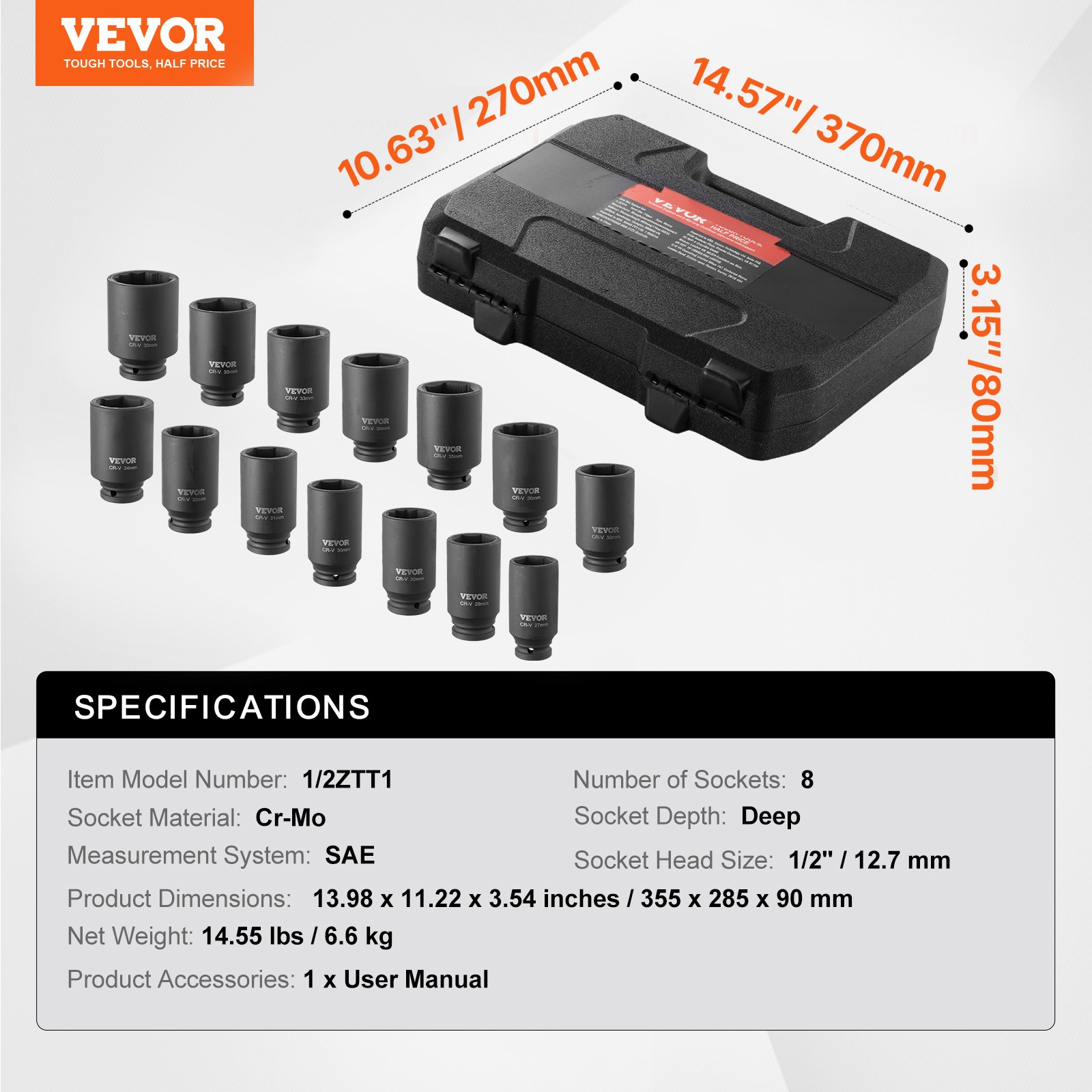 VEVOR Axle Nut Impact Socket Set 1/2″ Drive Deep 6+12-Point 14PCS Metric Socket