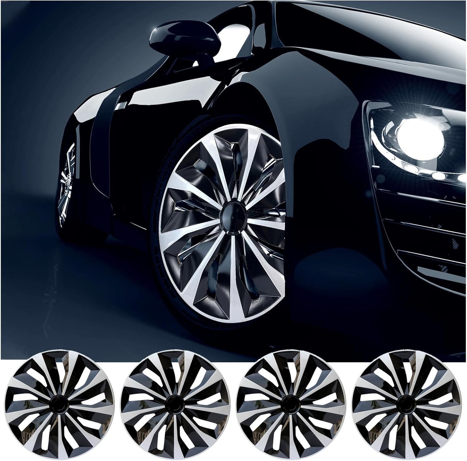 Silver Black 15″ Set of 4 Wheel Covers Snap On Hub Caps for R15 Tire & Steel Rim