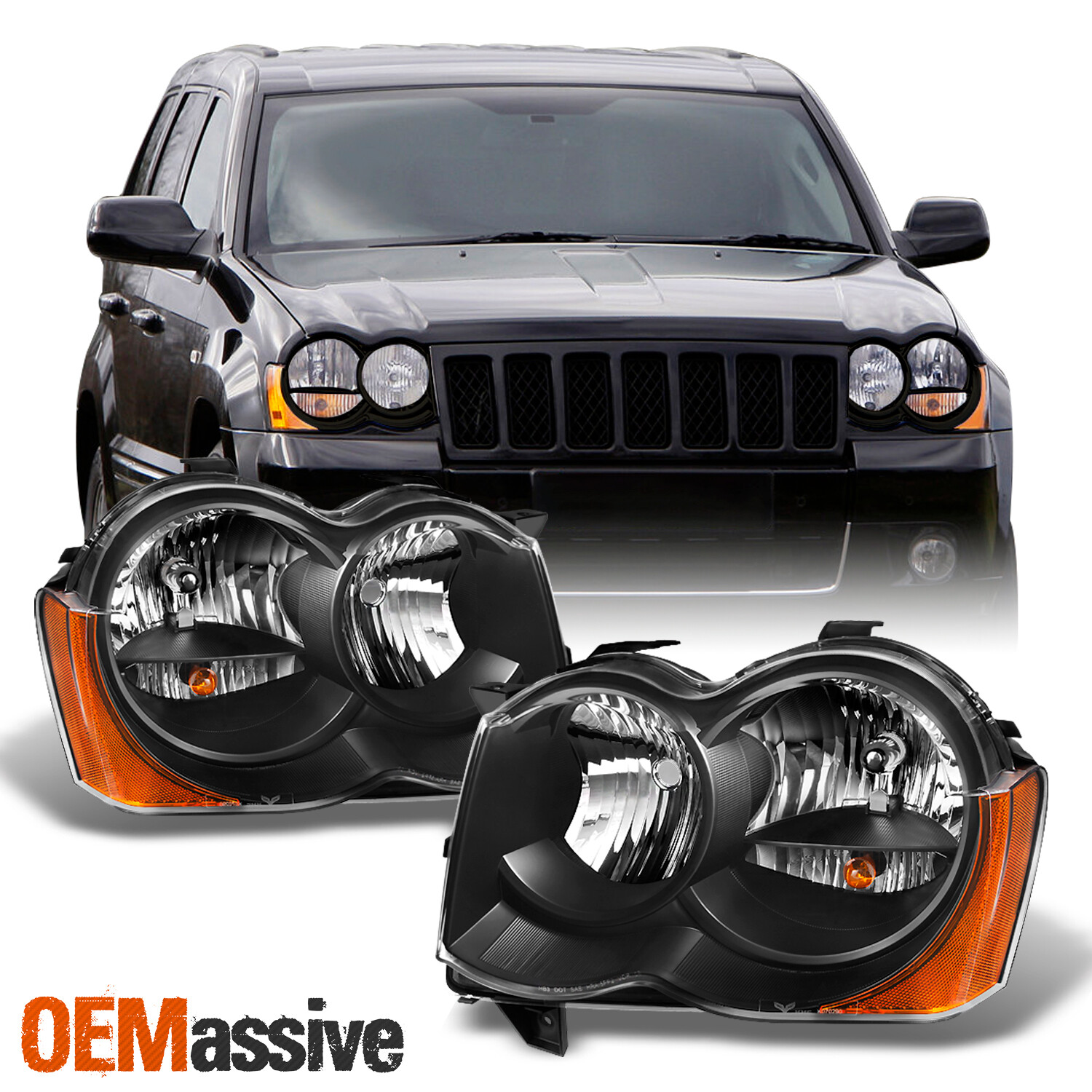 Fit 2008-2010 Jeep Grand Cherokee *Halogen Type* Black Headlights L+R Lamps
