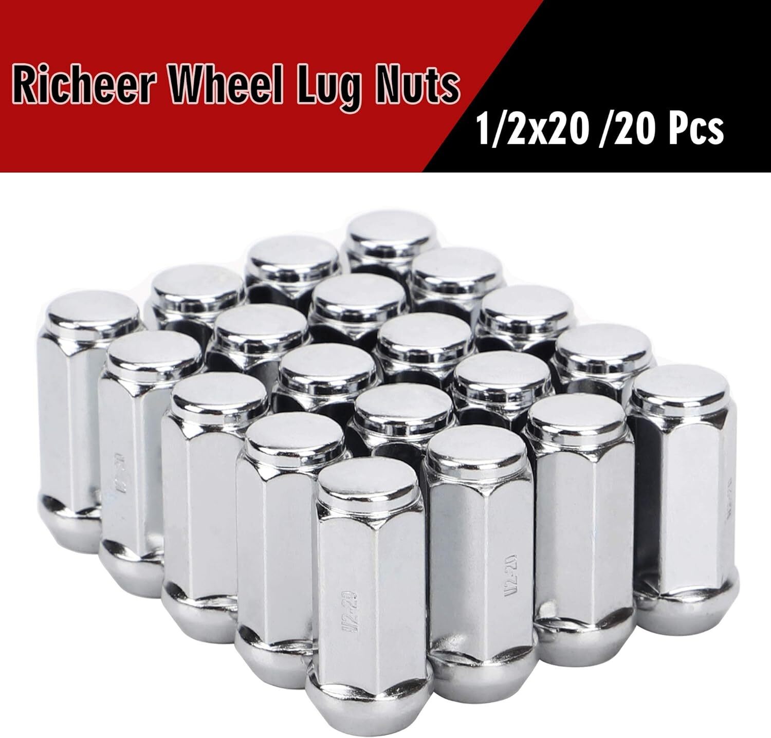20 pcs Wheel Lug Nuts Chrome Bulge Acorn 1/2-20 Closed End 1.9″ XL Tall 3/4″ Hex
