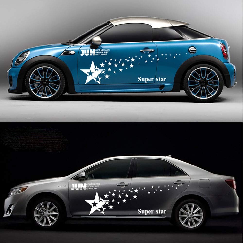 2 Pcs White Long Racing Stripes Vinyl Decal Sticker Star Graphics Car Side Body