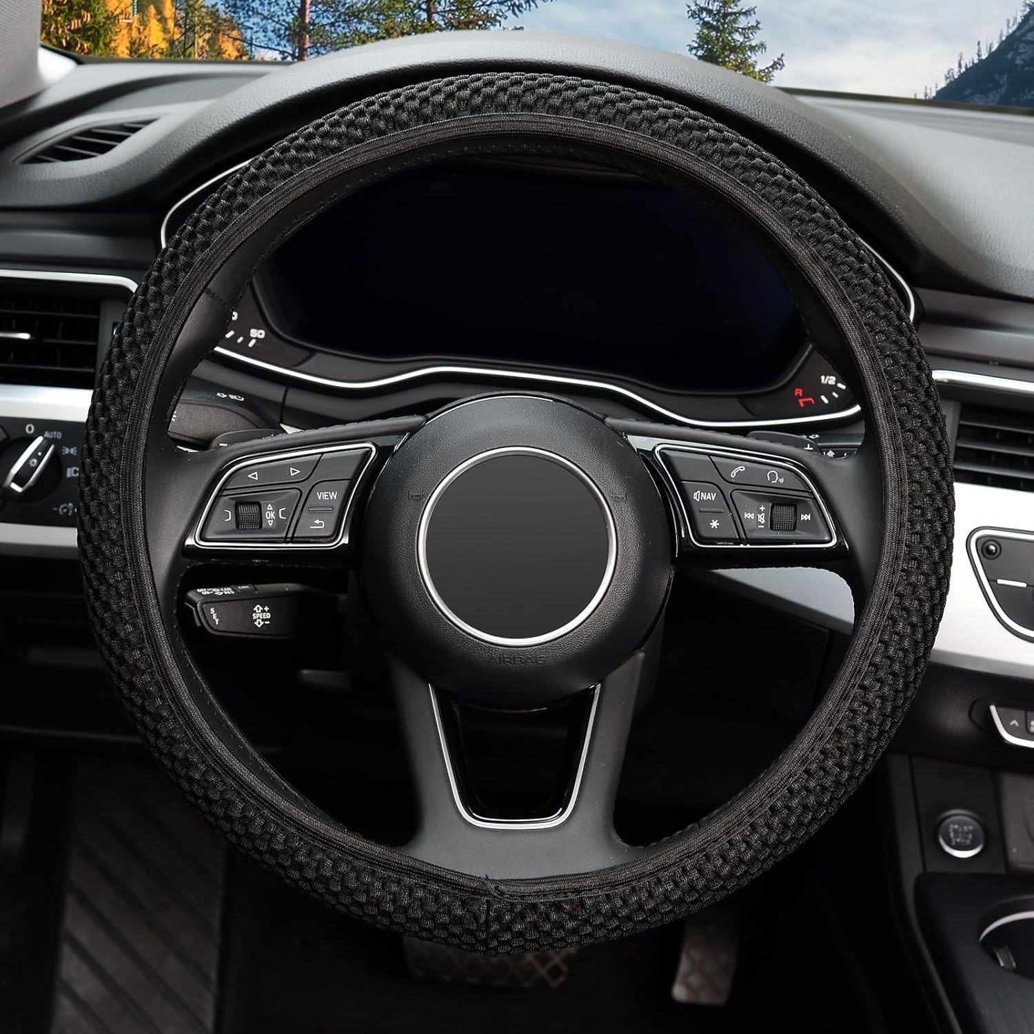 15-Inch Elastic Stretch Steering Wheel Cover with Anti-Slip, Odorless – Black
