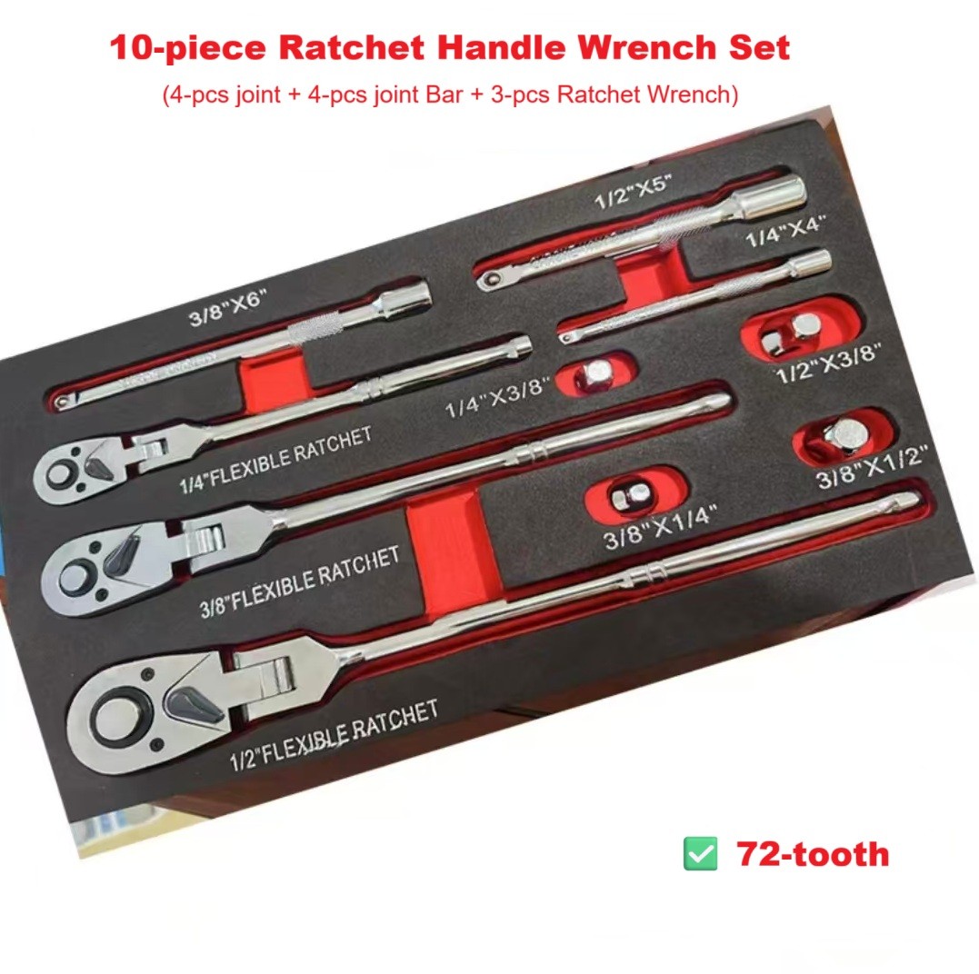72-Tooth Flexible Handle Ratchet Wrench 10-Piece Set Includes 1/4-inch,3/8-inch