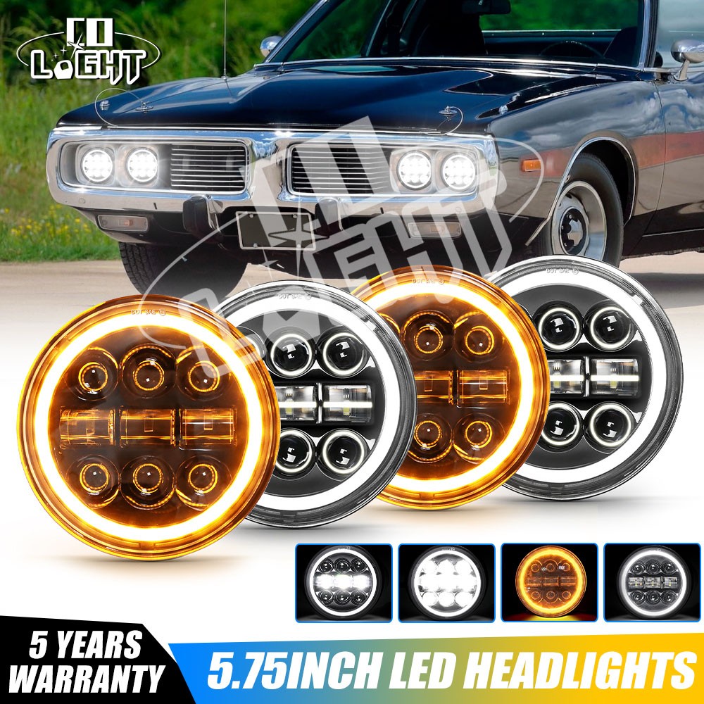 For Dodge Charger 1966-1974 Car 4PCS 5.75inch LED Headlights Halo H5001 H5009
