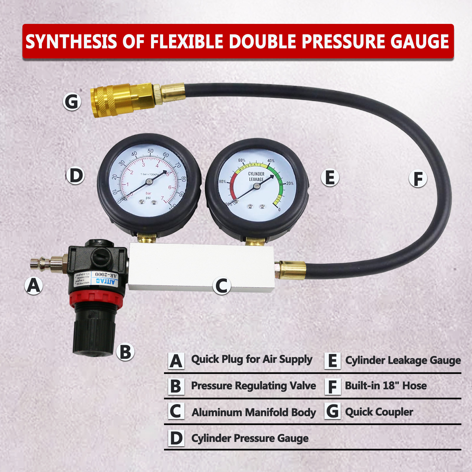 Cylinder Leak Down Tester Kit, Automotive Engine Compression Leakage Test Kit US
