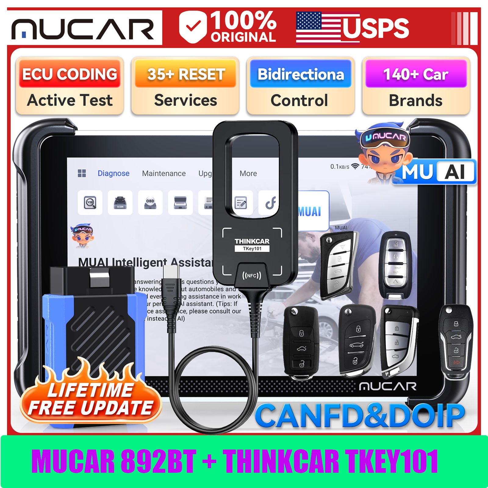 MUCAR 892BT w/ Thinkcar TKEY101 OBD2 Scanner Auto Key Programmer Diagnostic Tool