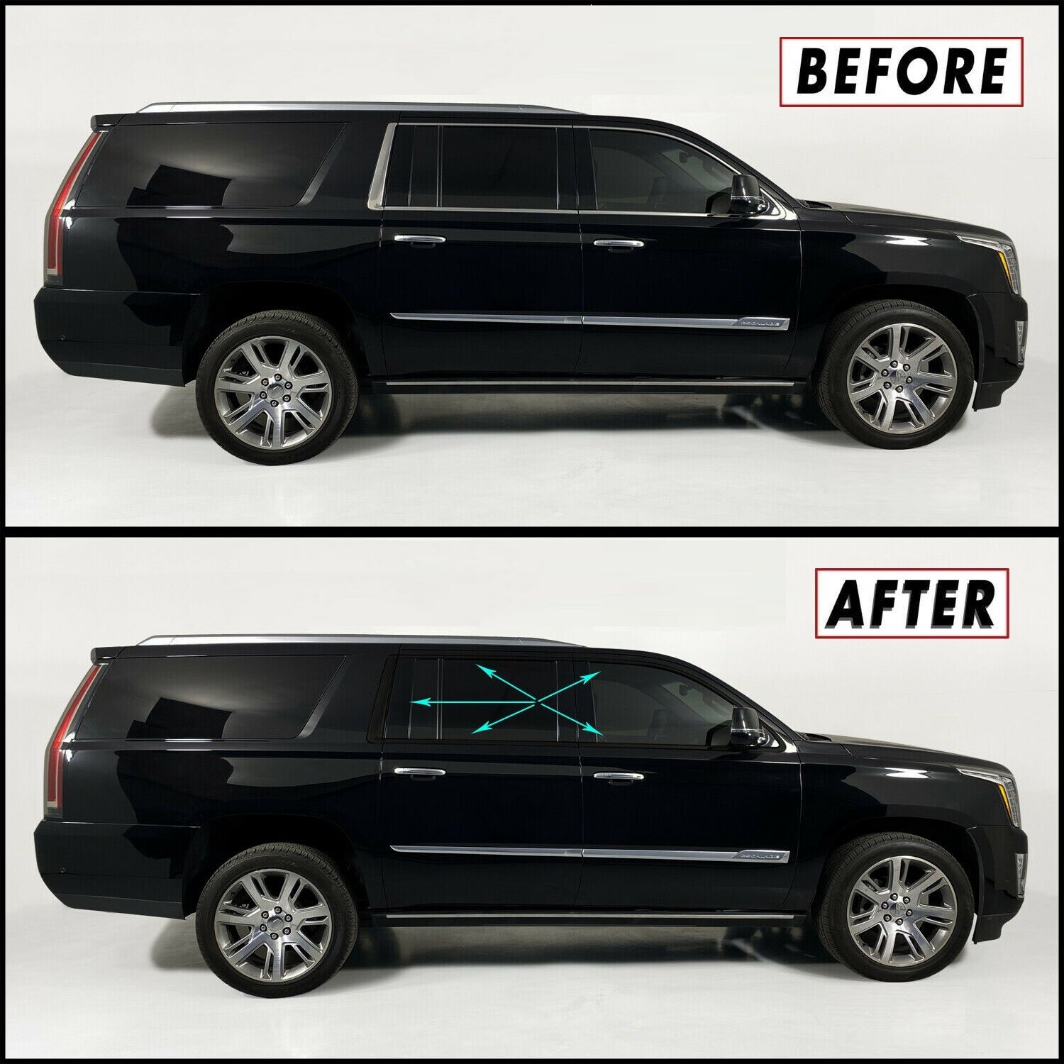 Chrome Delete Blackout Overlay for 2015-20 Cadillac Escalade ESV Window Trim