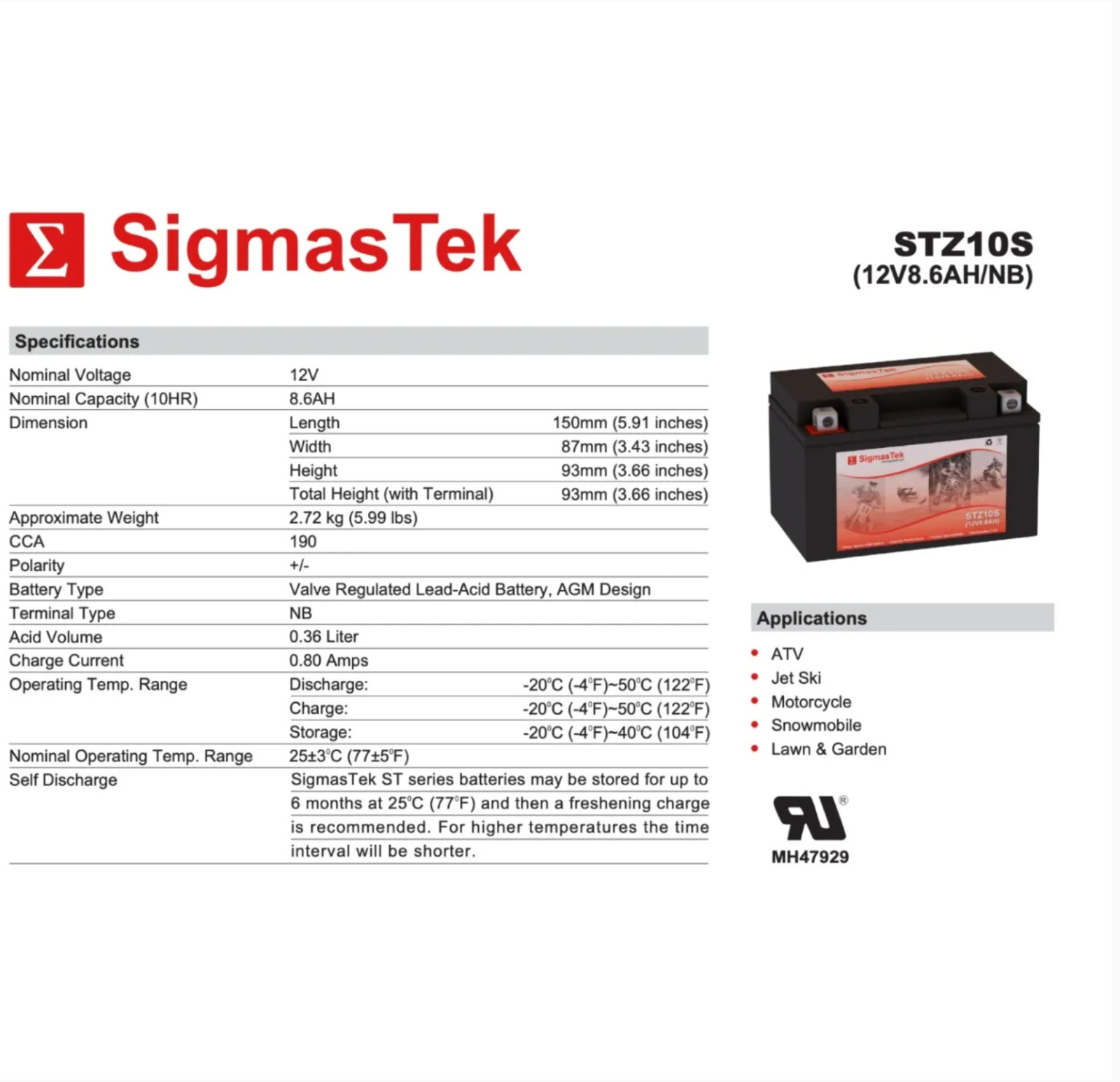 SigmasTek STZ10S SLA Battery Replacement for Honda CBR1000RR 1000CC 2004-2007