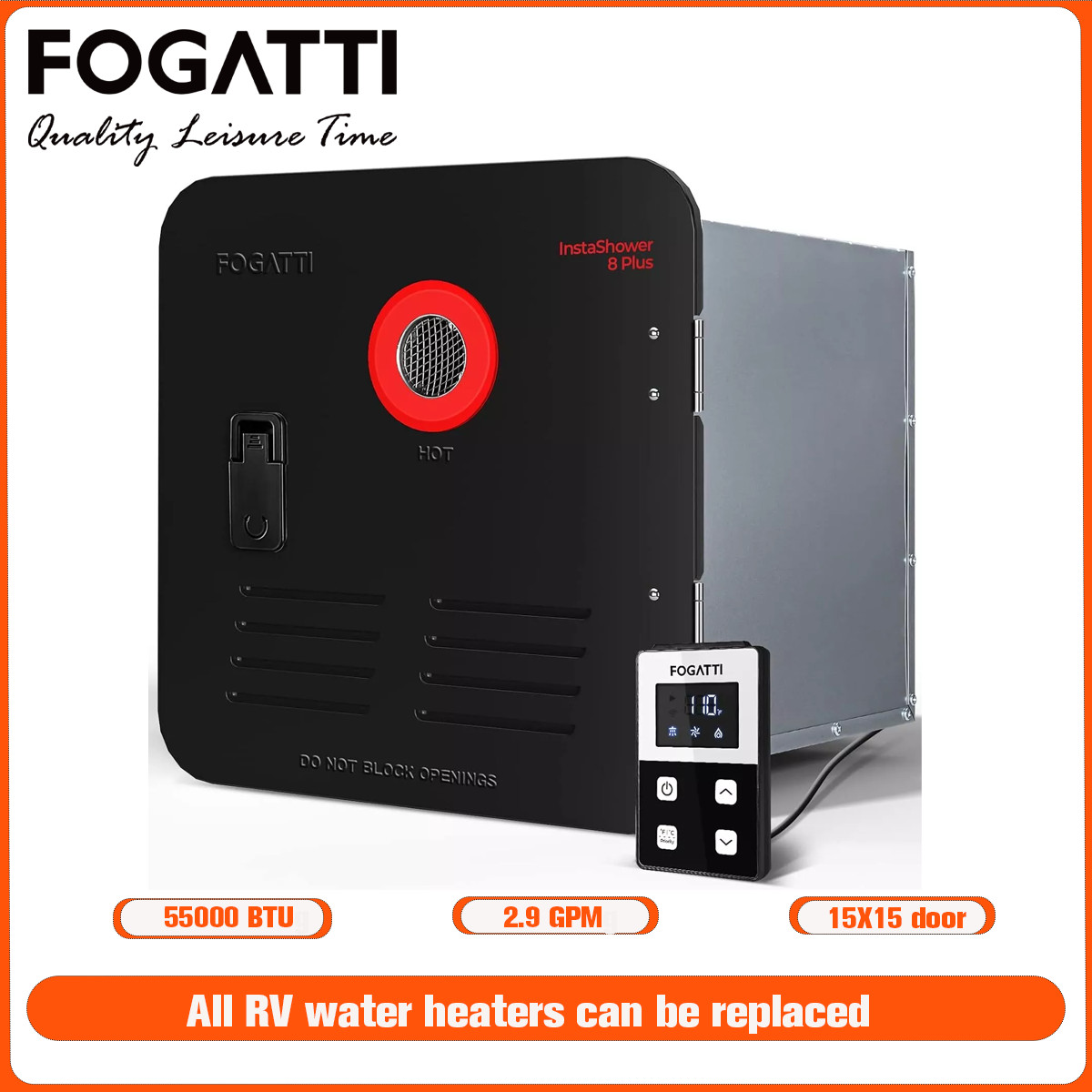 FOGATTI RV Tankless Water Heater Propane Gas 55,000 BTU With 15×15 Black Door